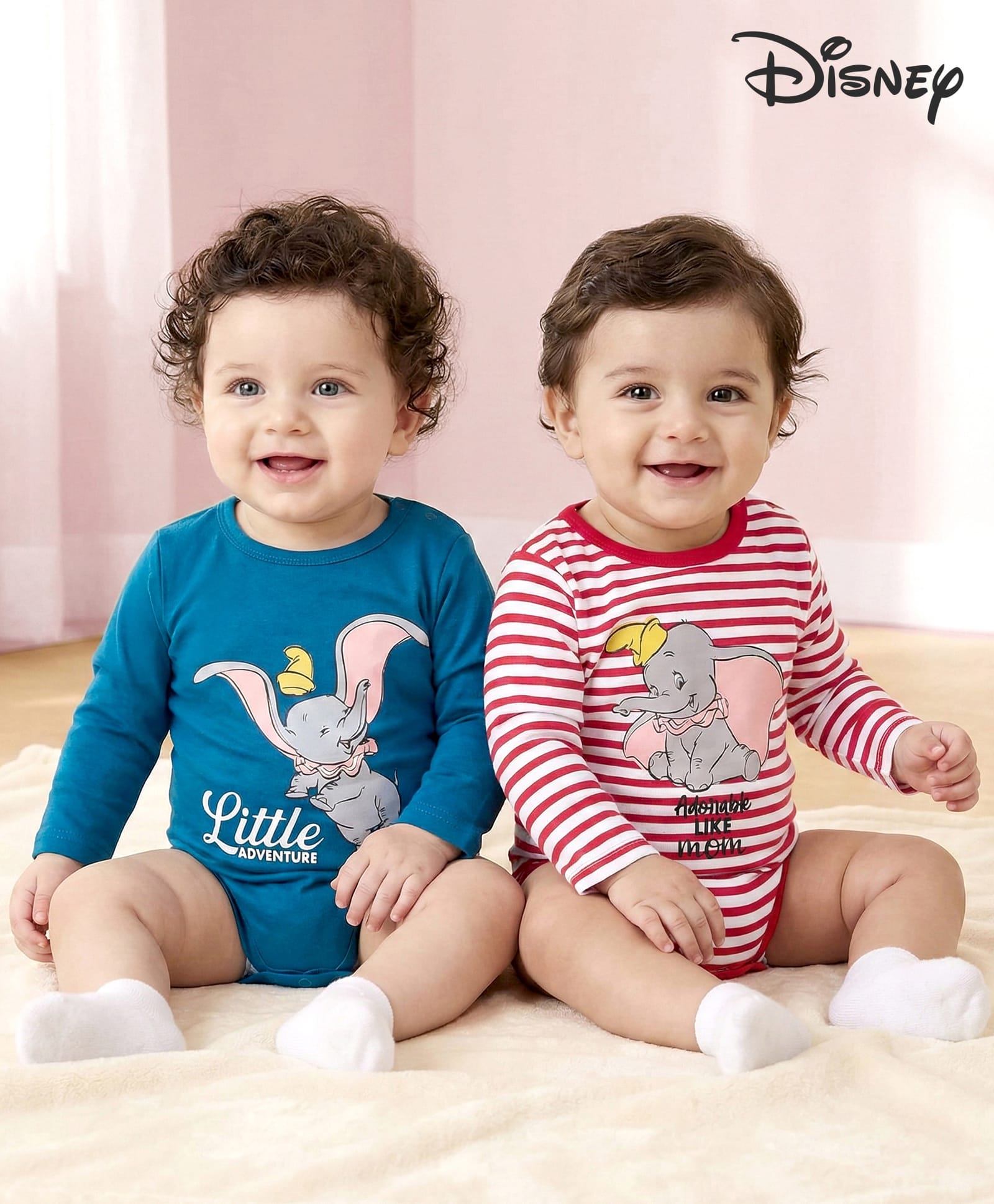 Babyoye Disney Interlock Knit Full Sleeves Striped & Dumbo Printed Onesies Pack of 2 - Blue & Red-image-33