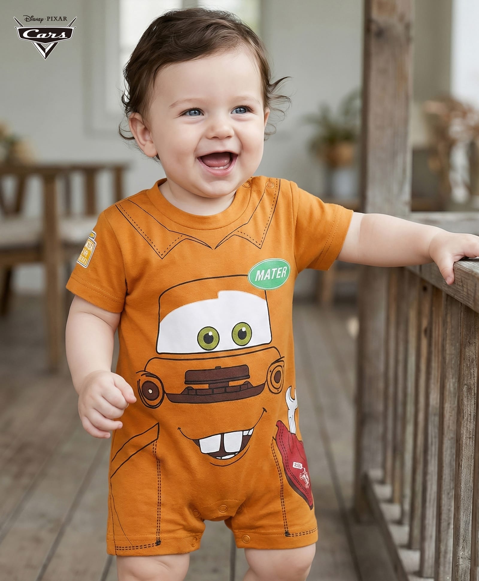 Babyhug Disney Interlock Knit Half Sleeves Romper With Cars Graphics - Brown-image-24