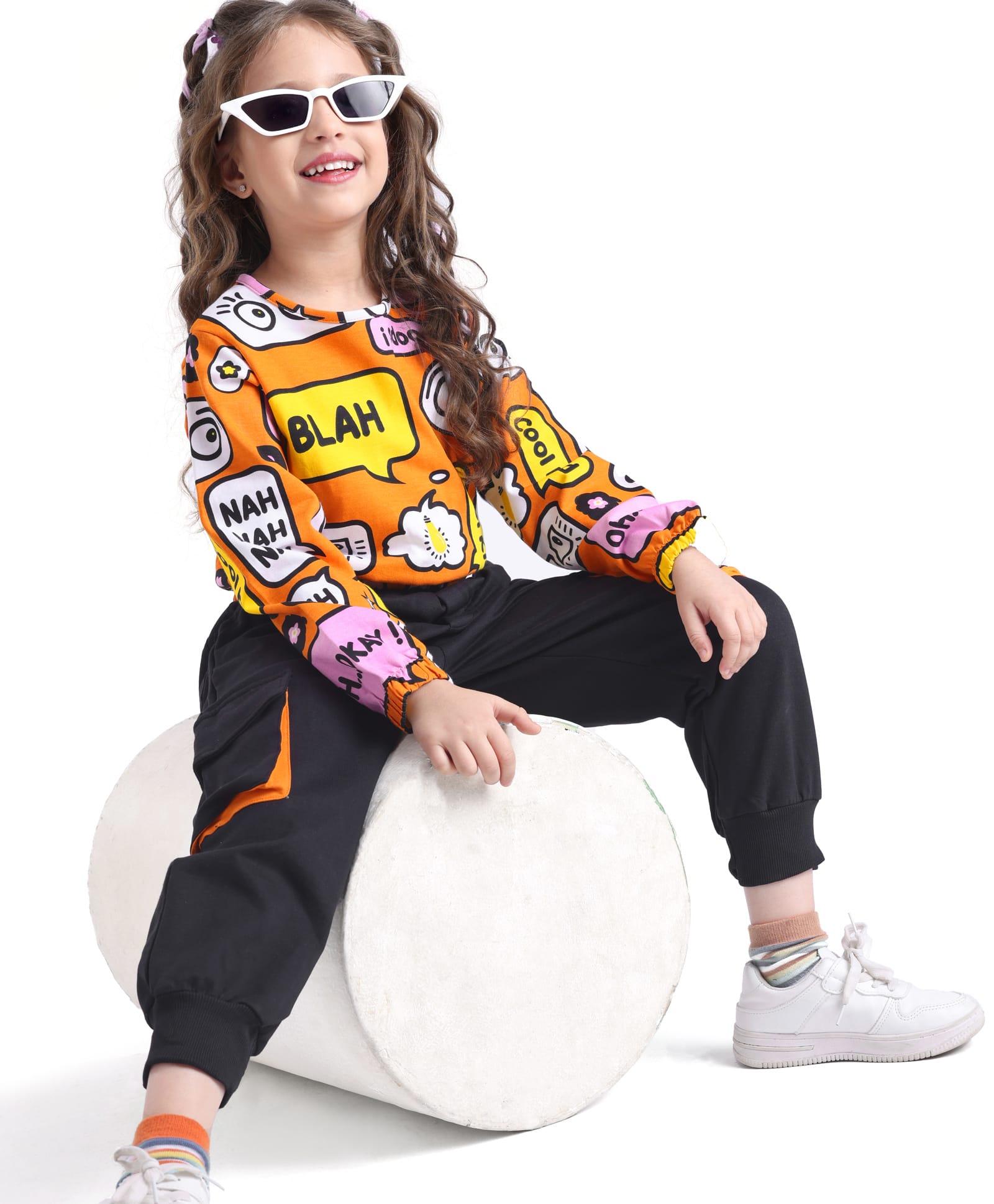 Ollington St. 100% Cotton Knit Full Sleeves Text Printed Sweatshirt & Joggers Winter Wear Set - Orange-picture-12
