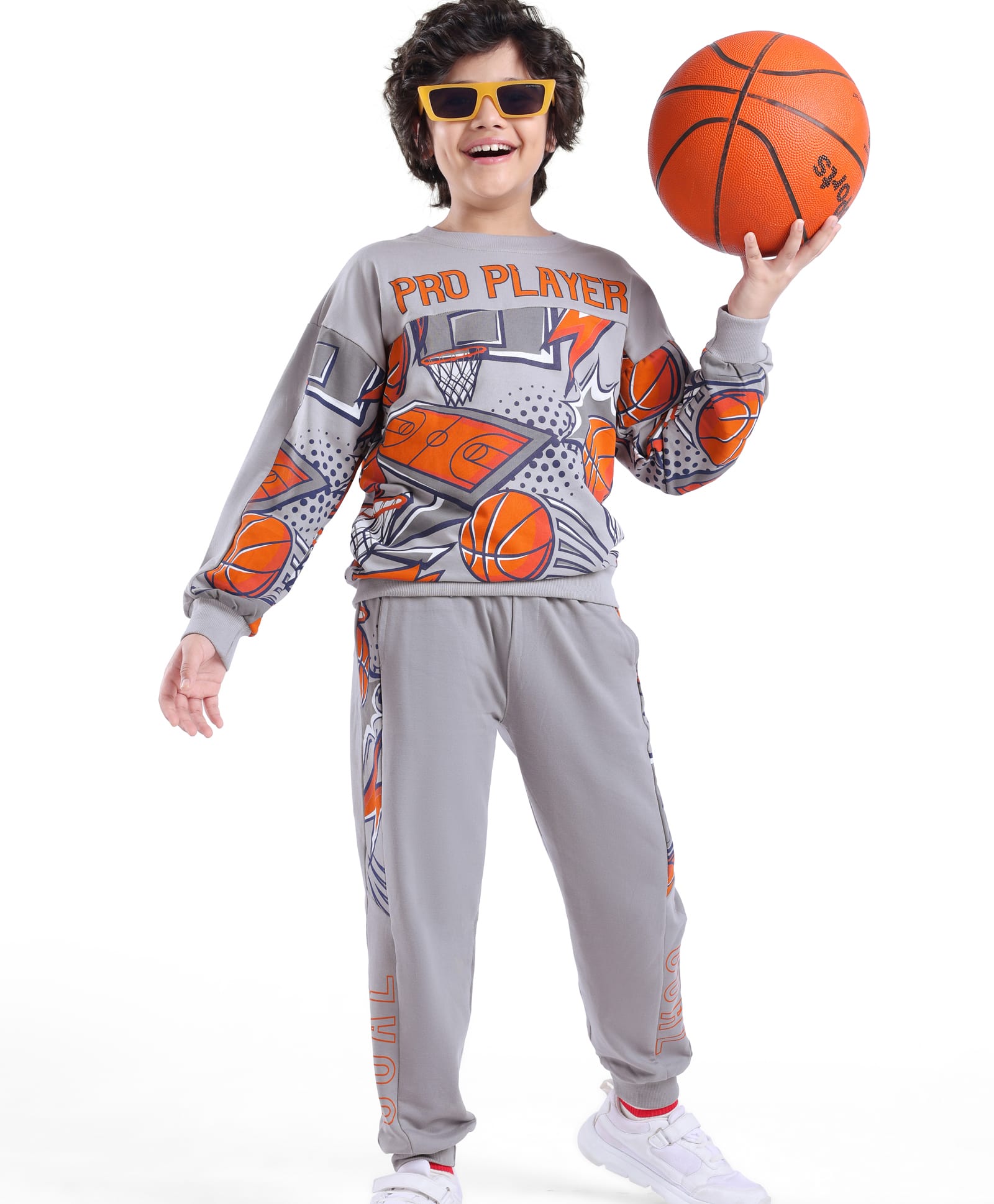 Ollington St. 100% Cotton Knit Full Sleeves Sweatshirt & Joggers Winter Wear Suit With Basketball Print - Grey-image-41