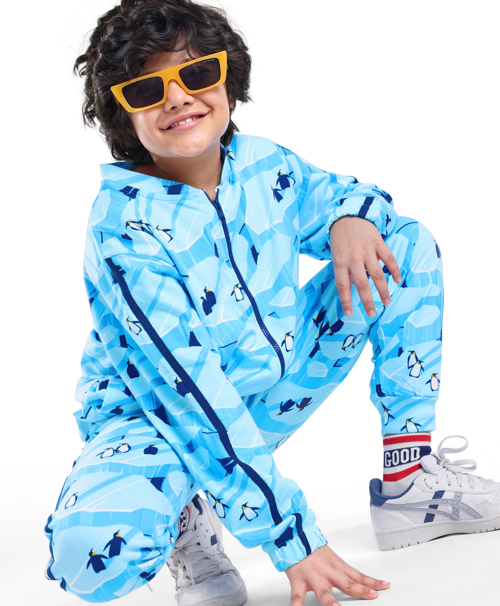 Ollington St. 100% Cotton Knit Full Sleeves Front Zipper Winter Wear Co-Ord Set With Penguins Print - Aqua-picture-22