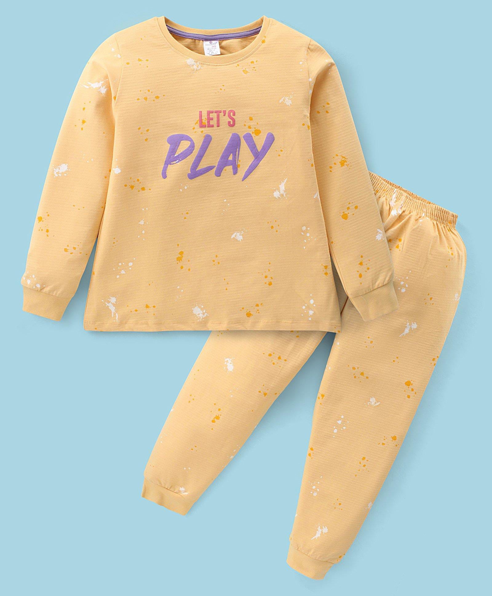 Smarty Girls Cotton Lycra Knit Full Sleeves Winter Wear Suit With Text Print - Mustard-picture-23