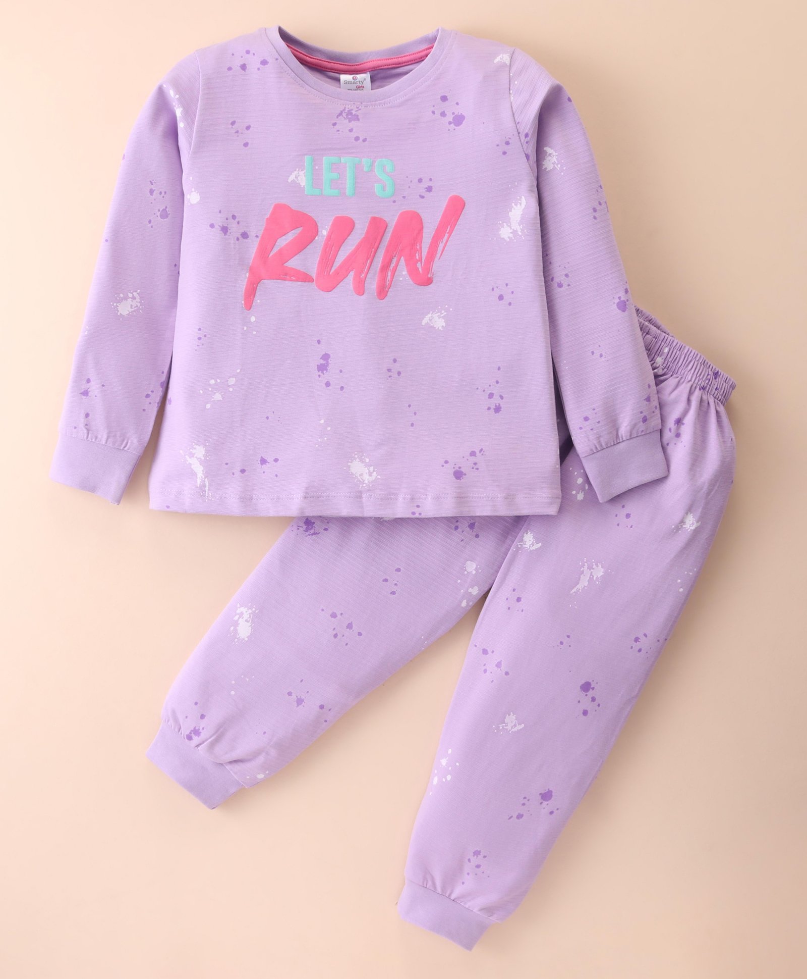 Smarty Girls Cotton Lycra Knit Full Sleeves Winter Wear Suit With Text Print - Mauve-picture-23