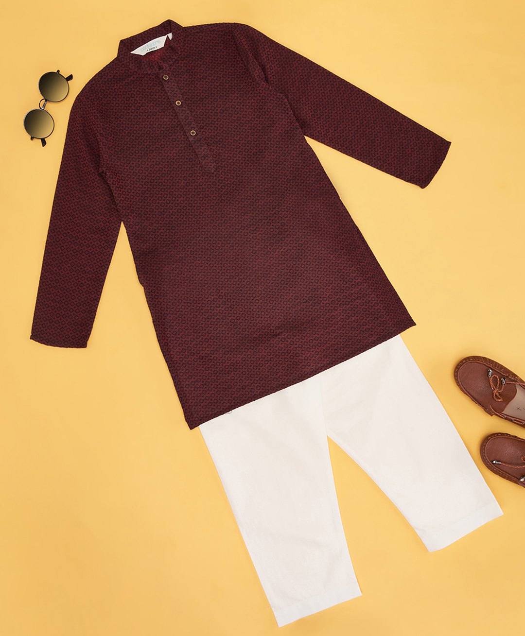 Indus Route by Pantaloons Cotton Full Sleeves Abstract Printed Kurta & Pyjama Set - Wine-image-2