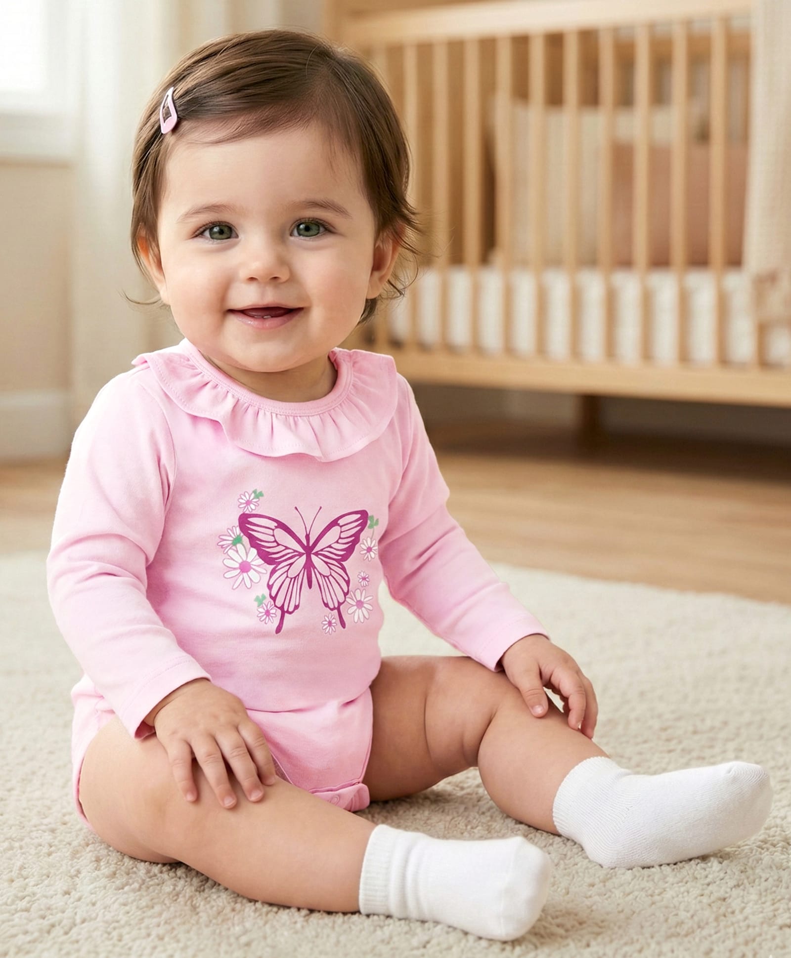 Babyoye 100% Cotton Knit Full Sleeves Onesie with Butterfly Print & Frill Detailing - Pink-image-34