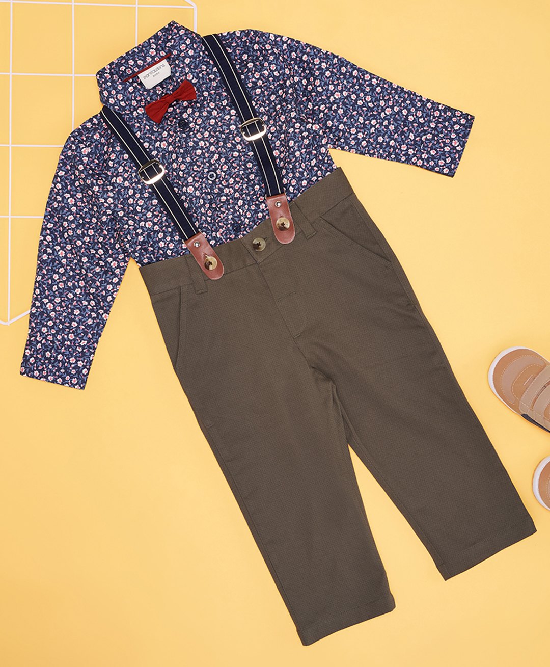 Pantaloons Baby Cotton Full Sleeves Floral Printed Shirt With Solid Trouser Suspender & Bow - Navy Blue-image-1