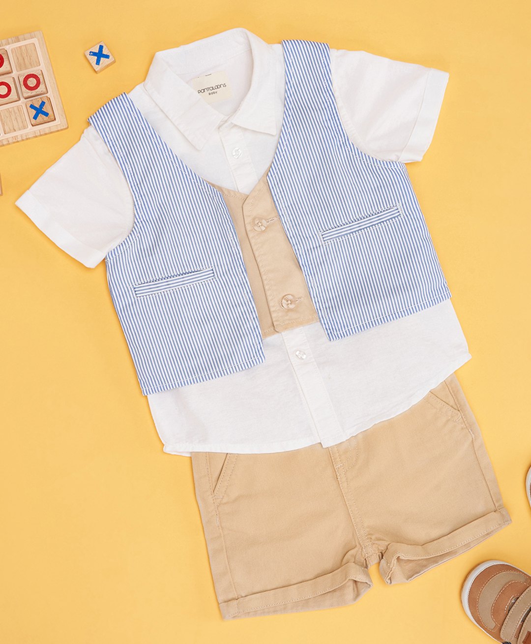 Pantaloons Baby Cotton Half Sleeves Solid Shirt & Shorts With Striped Waistcoat - White-image-24