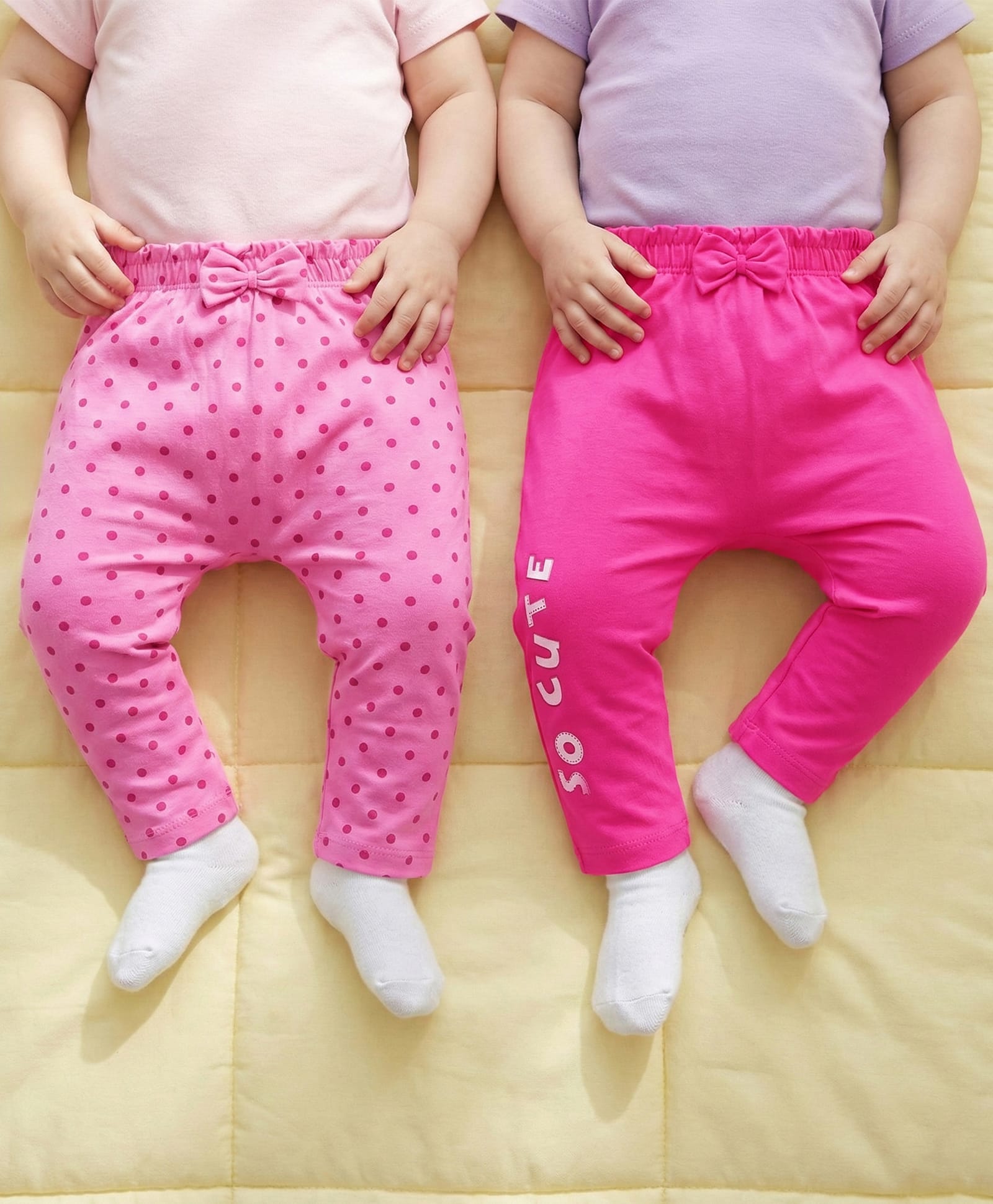 Babyoye 100% Cotton Knit Full Length Polka Dots & Text Printed Diaper Leggings with Bow Pack of 2 - Fuchsia & Pink-image-13
