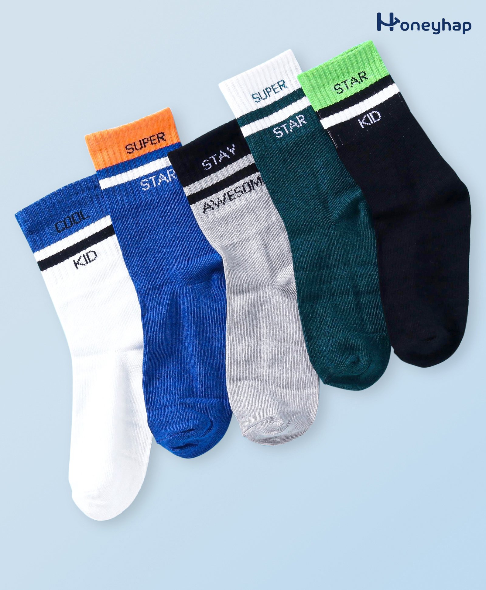 Honeyhap Premium Cotton Bamboo Spandex with Bio Finish Text Printed Socks Pack of 5 - Papaya & Bright White & Skydiver & Black & Lime Green & Grey Melange & Cadmium Green-image-47