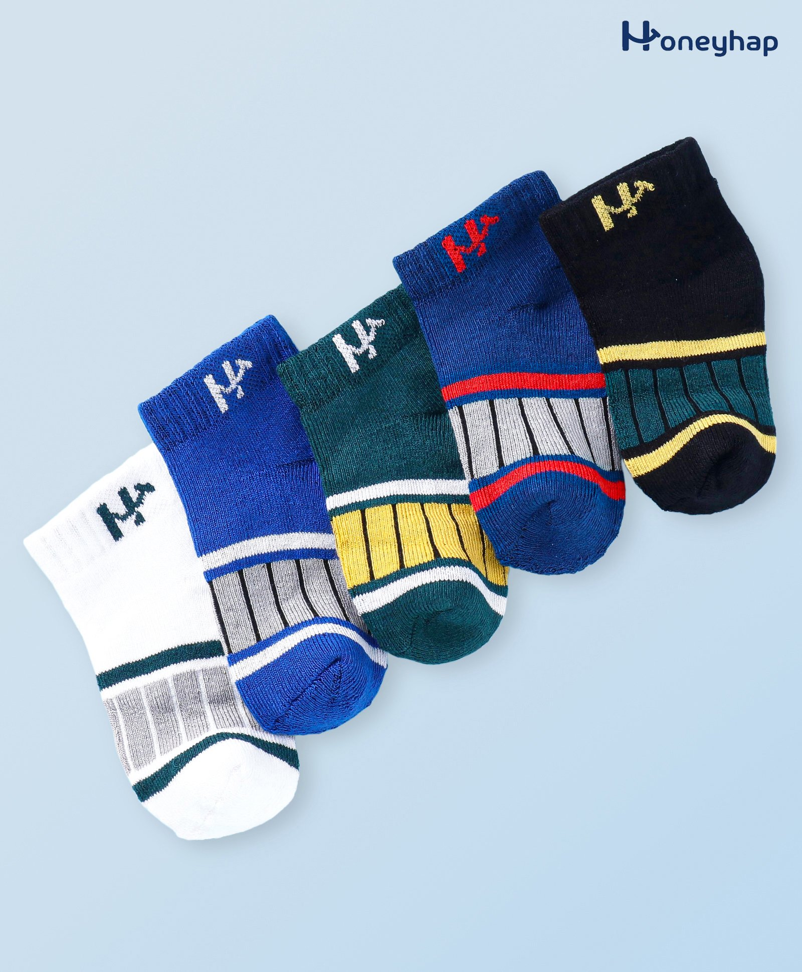 Honeyhap Premium Cotton Bamboo Spandex With Bio Finish Colour Block Socks Pack of 5 - Black & Old Gold & Cadmium Green & Limoges & High Risk Red & Grey Melange-image-15