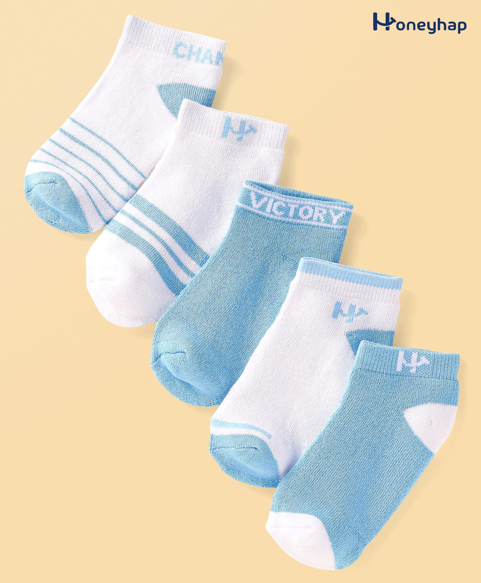 Honeyhap Premium Cotton Bamboo Spandex With Bio Finish Striped And Solid Colour Socks Pack of 5 - White & Sky Blue-image-22