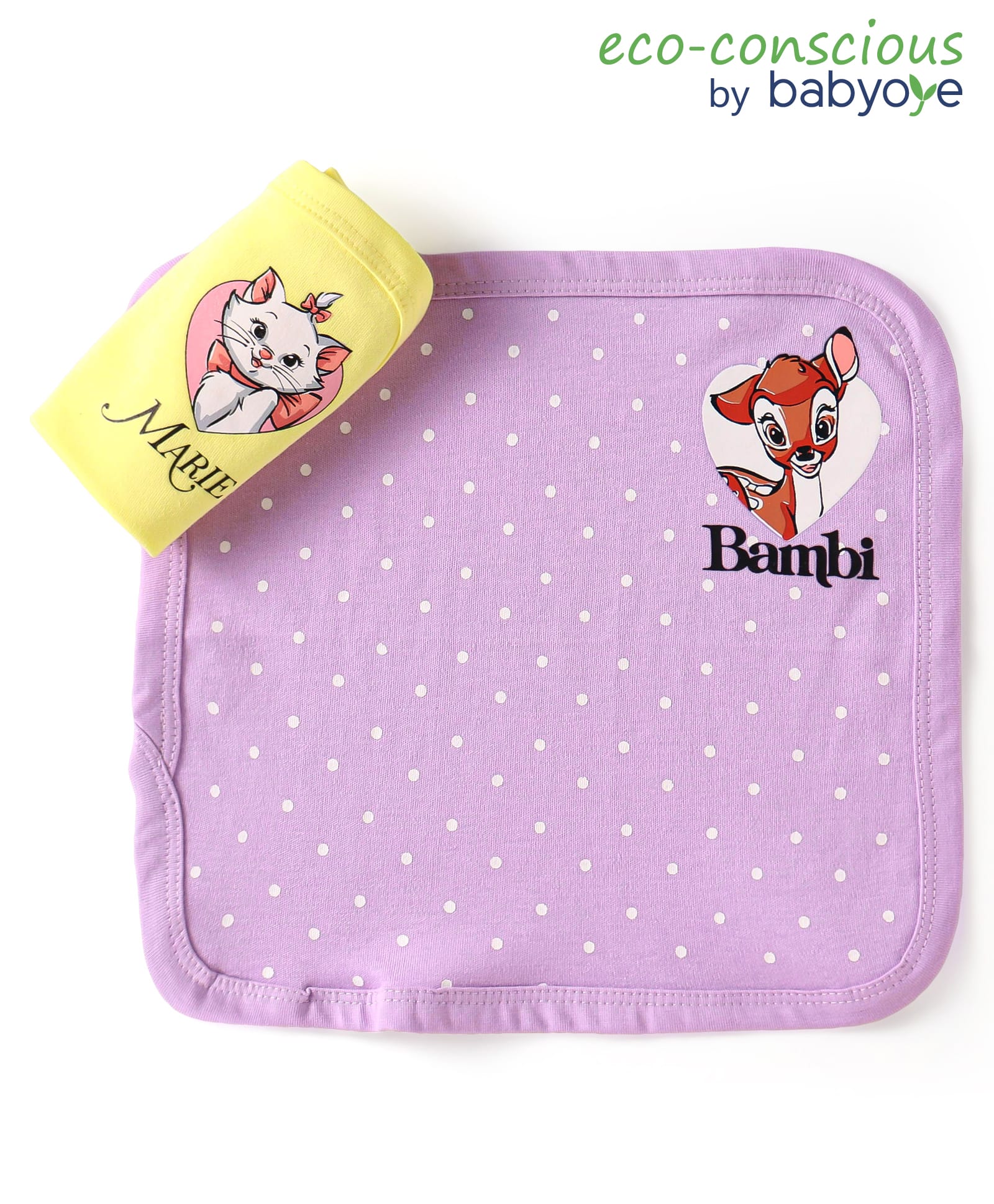 Babyoye Disney Interlock Knit Hands & Face Towel L 28 cm x B 28 cm with Bambi & Marie Graphic Pack Of 2 - Purple & Yellow-picture-0