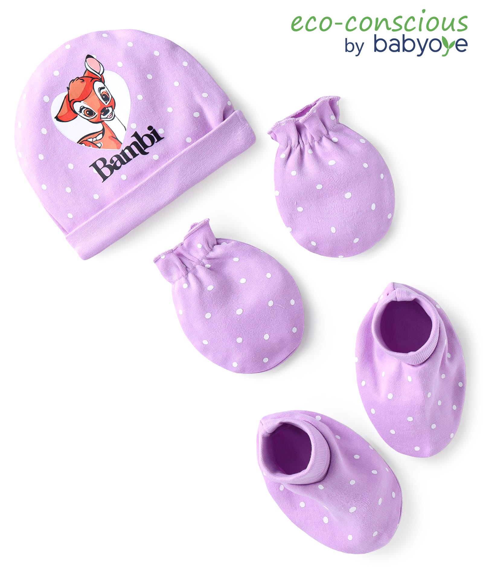Babyoye Disney Interlock Caps Mittens & Booties Set With Bambi Graphic - Lilac-picture-26