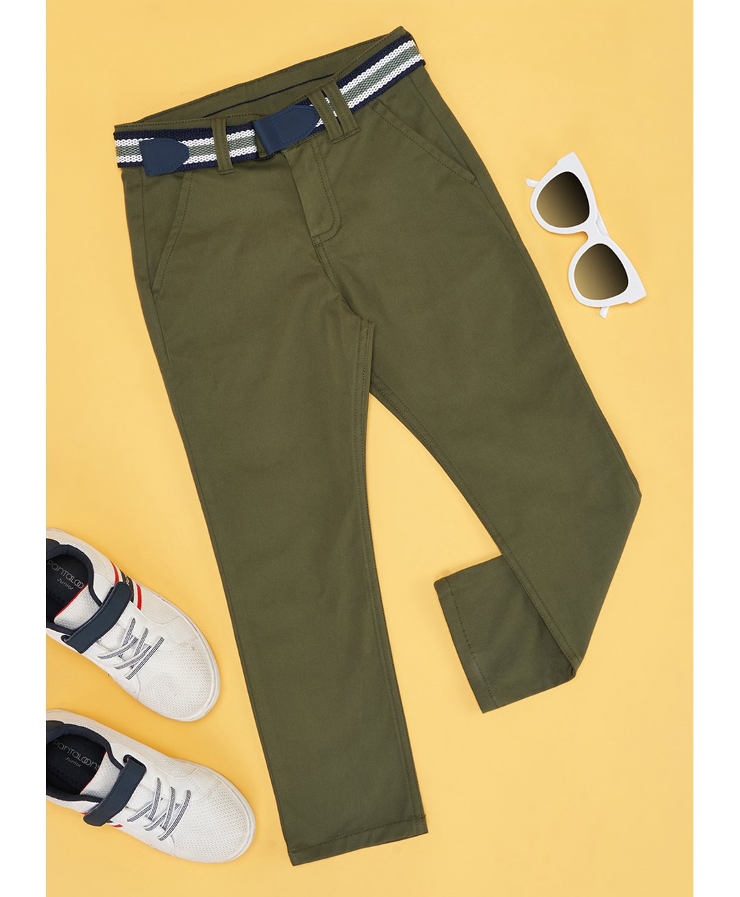 Pantaloons Junior Cotton Solid Trousers With Belt - Olive-image-48