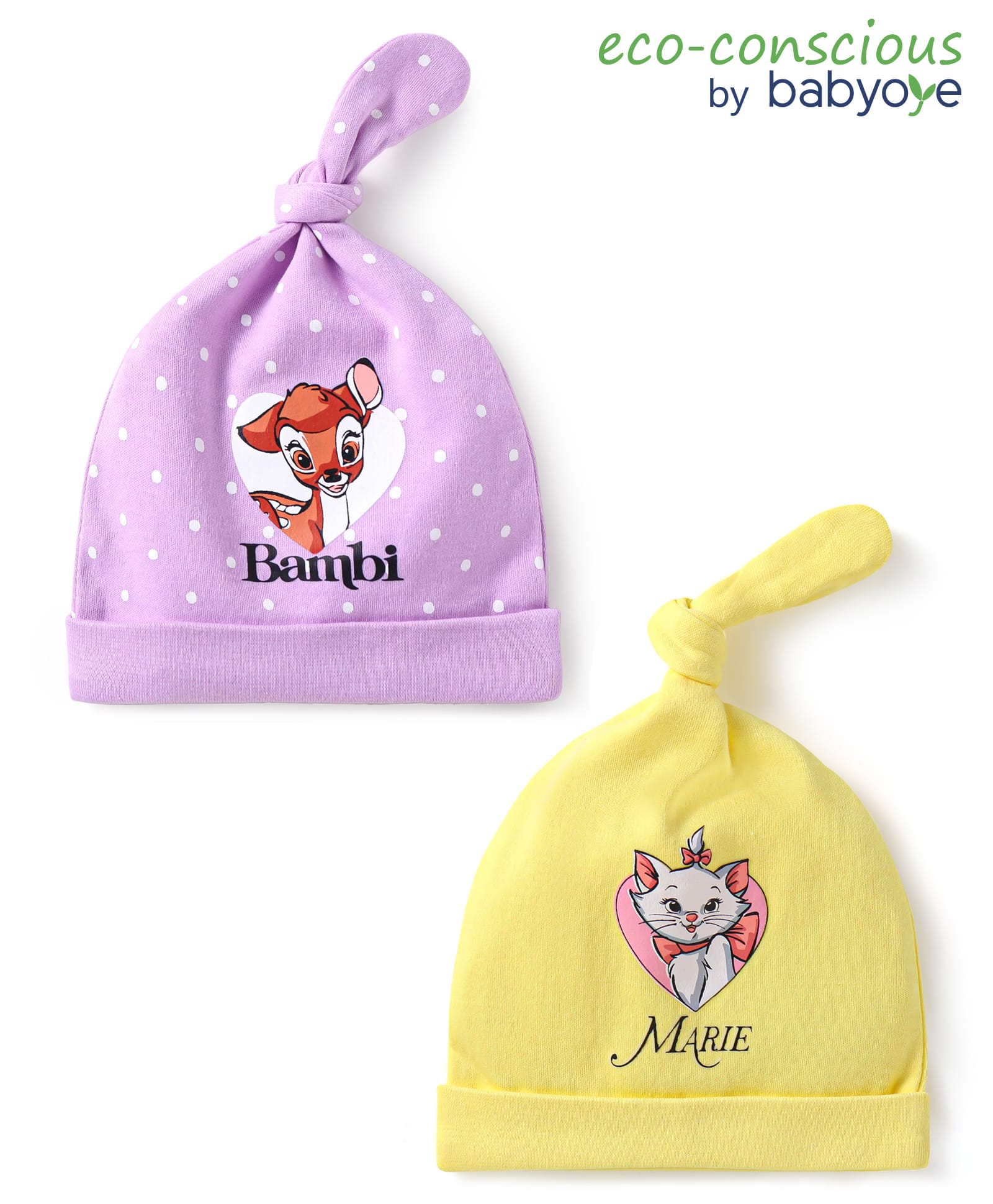 Babyoye Disney Interlock Knit Caps with Bambi & Marie Graphic Yellow & Lavender Pack of 2 - Diameter 10.5 cm-image-10