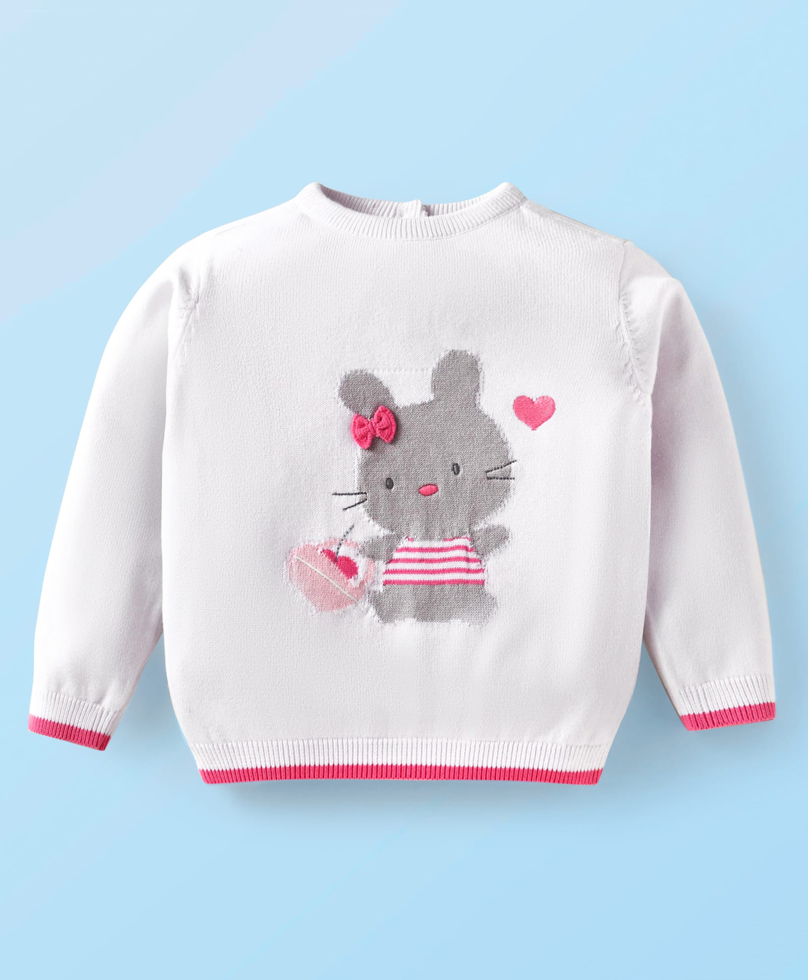 Babyhug Cotton Knitted Full Sleeves Pullover Sweater With Animal Design & Bow Applique - White
