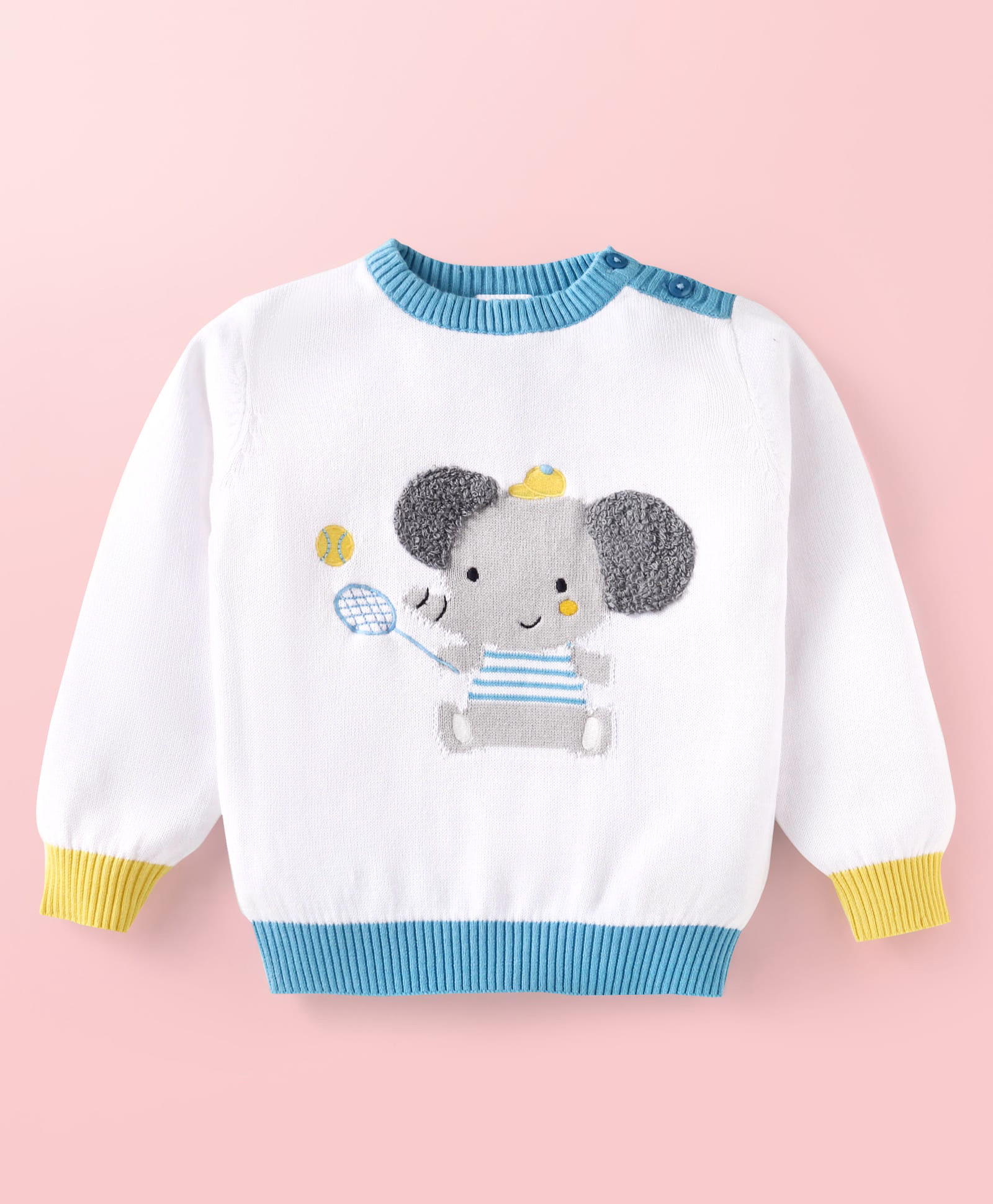 Babyhug Cotton Knitted Full Sleeves Pullover Sweater With Animal Design - White-image-12