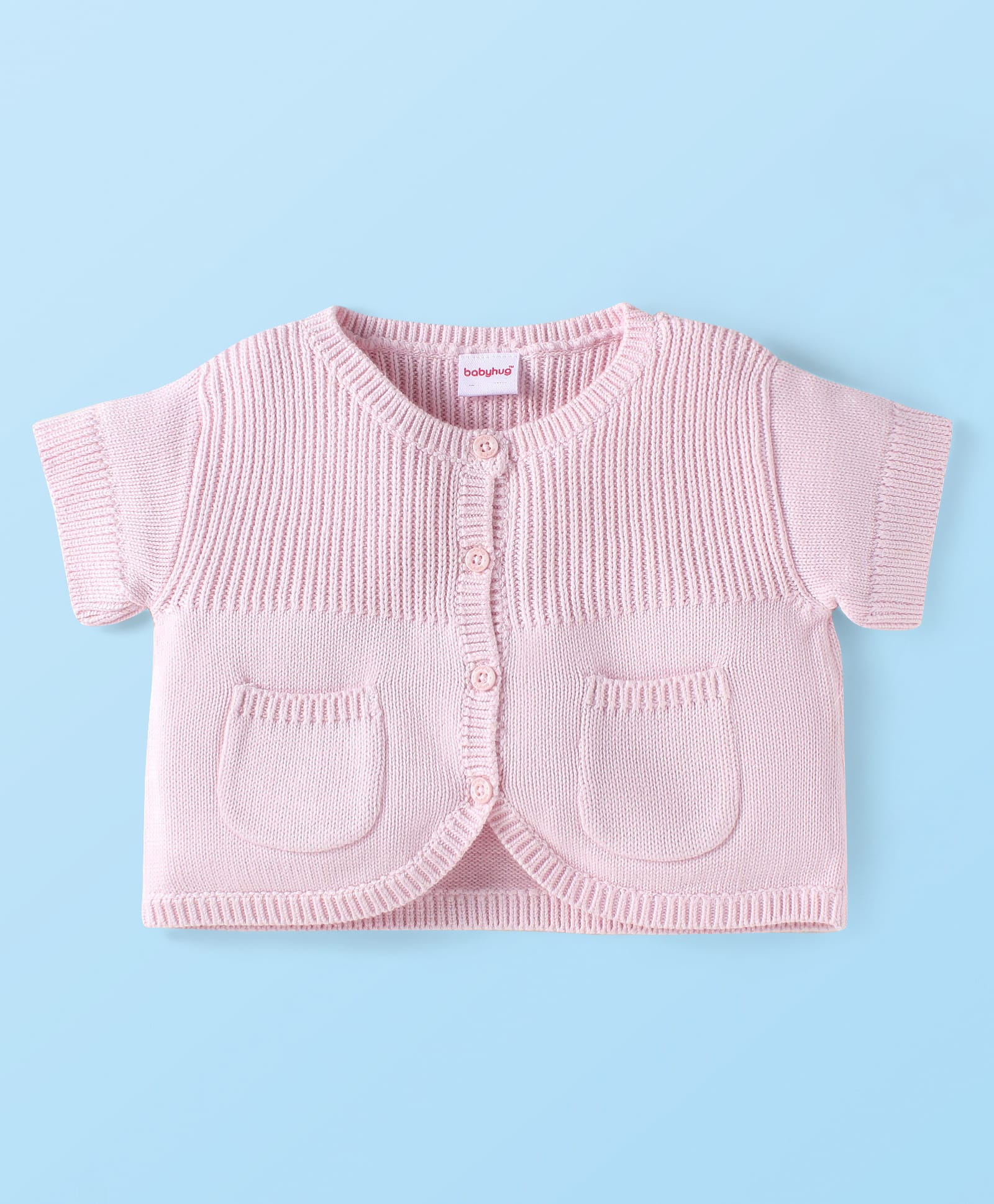Babyhug Cotton Knitted Half Sleeves Solid Colour Front Open Sweater - Pink-picture-18