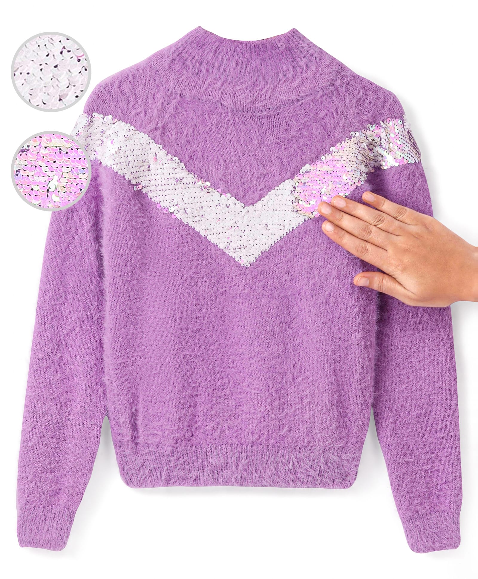 Babyhug Cotton Knit Full Sleeves High Neck Sweater with Reversible Sequins - Purple-picture-28