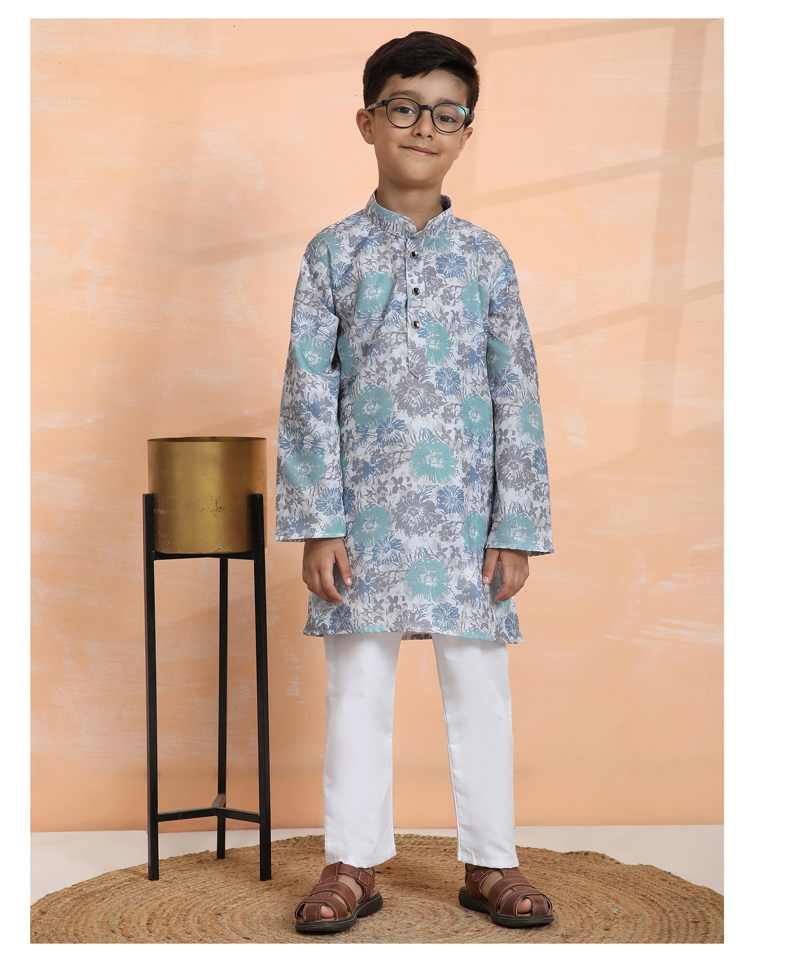 P-MARK Cotton Full Sleeves Floral Printed Kurta Pyjama - White-image-22
