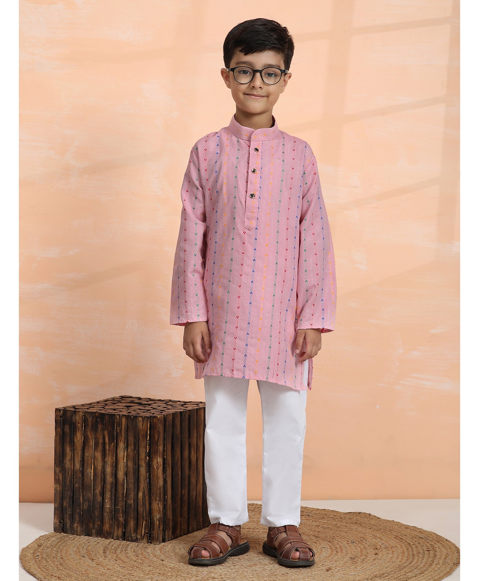 P-MARK Cotton Full Sleeves Abstract Embroidered Kurta Pyjama Set - Pink-picture-27