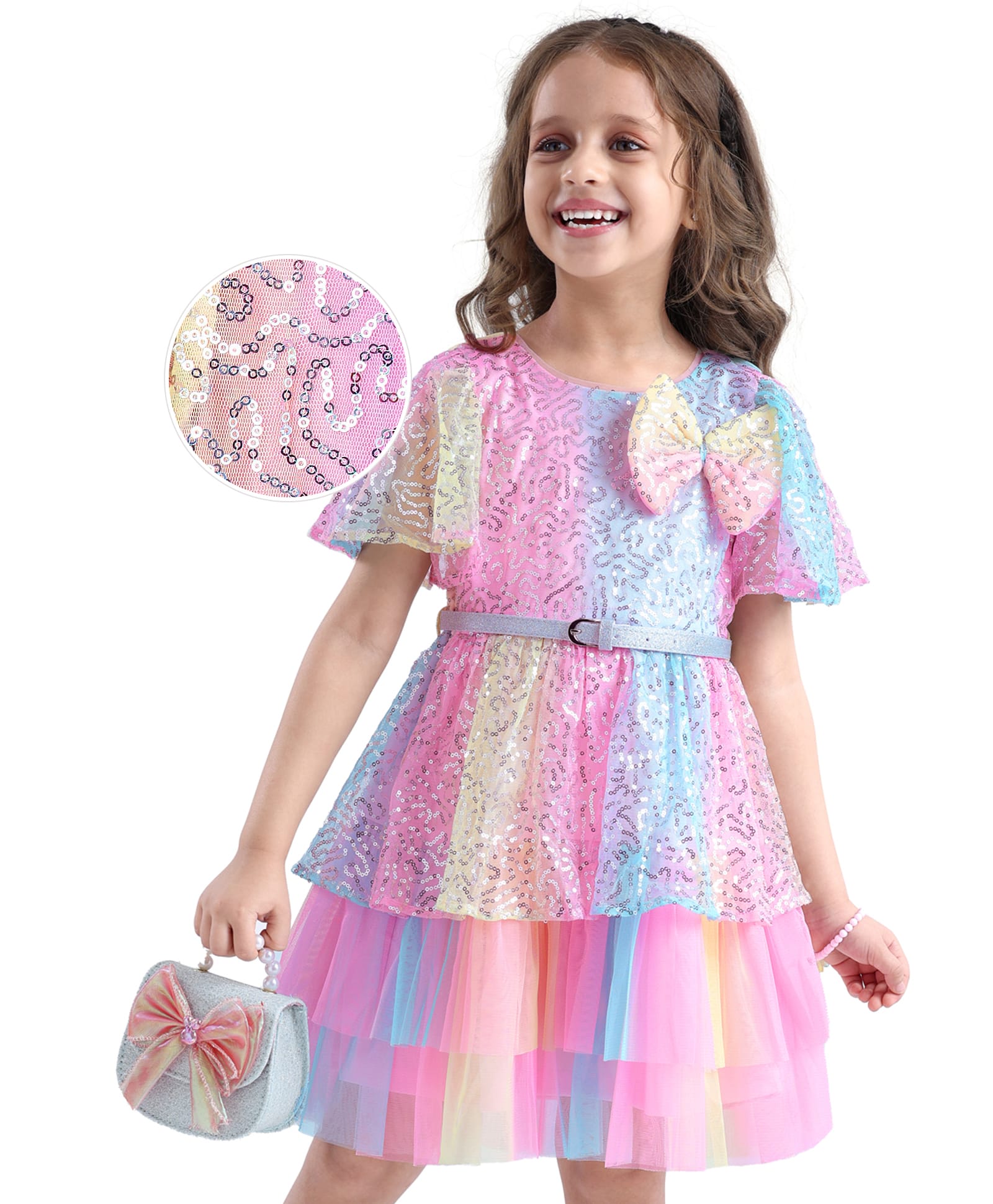 Hola Bonita Woven Flutter Sleeves Rainbow Mesh Sequined Layered Party Dress with Bow Applique - Multicolour-image-43