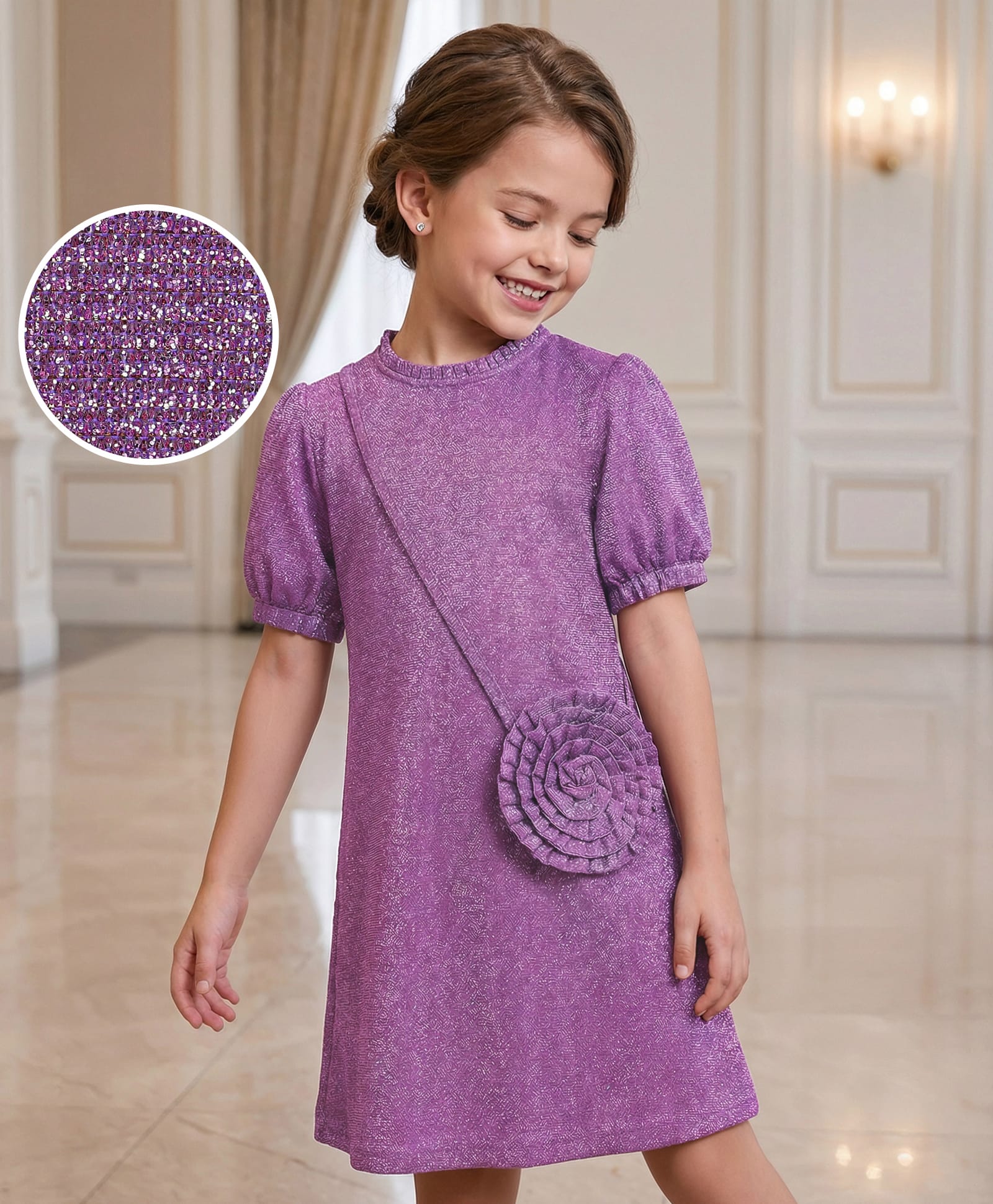Hola Bonita Knit HalfPuffedSleevesA Line Glitter Party Frock with Sling Bag - Wine-image-45