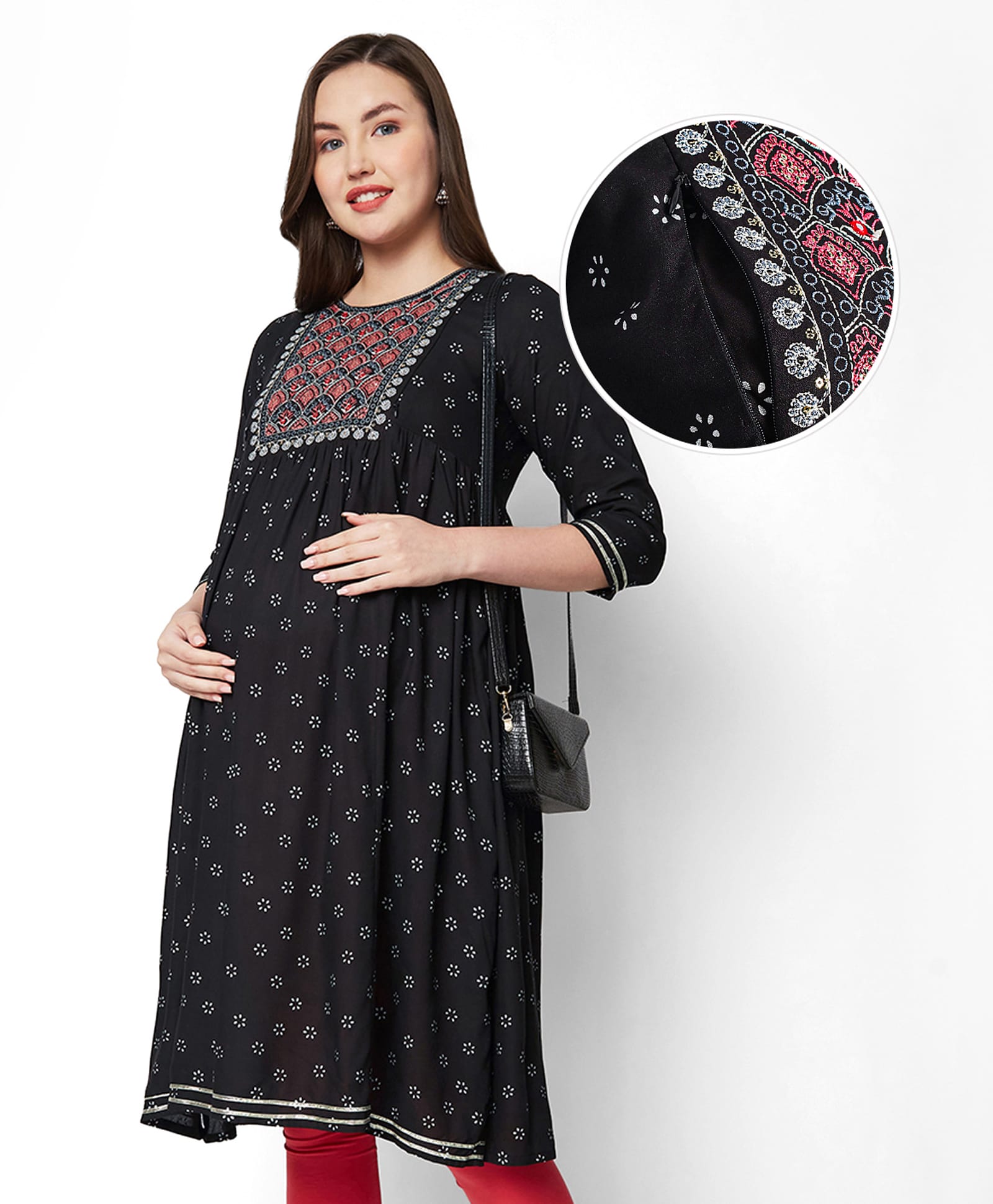 Bella Mama Viscose Woven Three Forth Sleeves Maternity Kurta With Embroidered Yoke & Pocket - Black-image-44