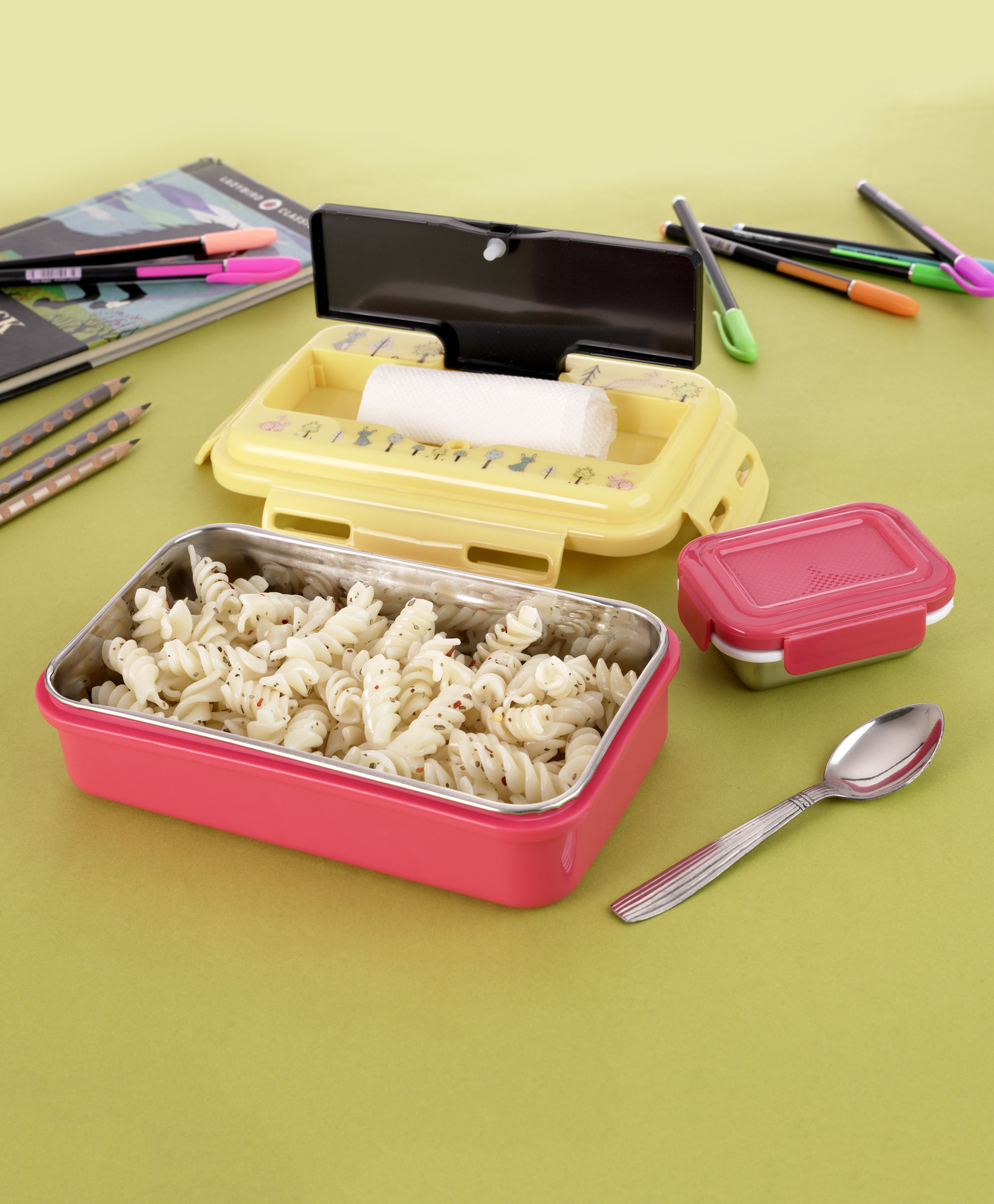 Nabhya Leak-Proof Inner Steel Outer Plastic Lunch Box With Small Katori & Spoon, 2 Containers Lunch Box (Yellow)-image-20
