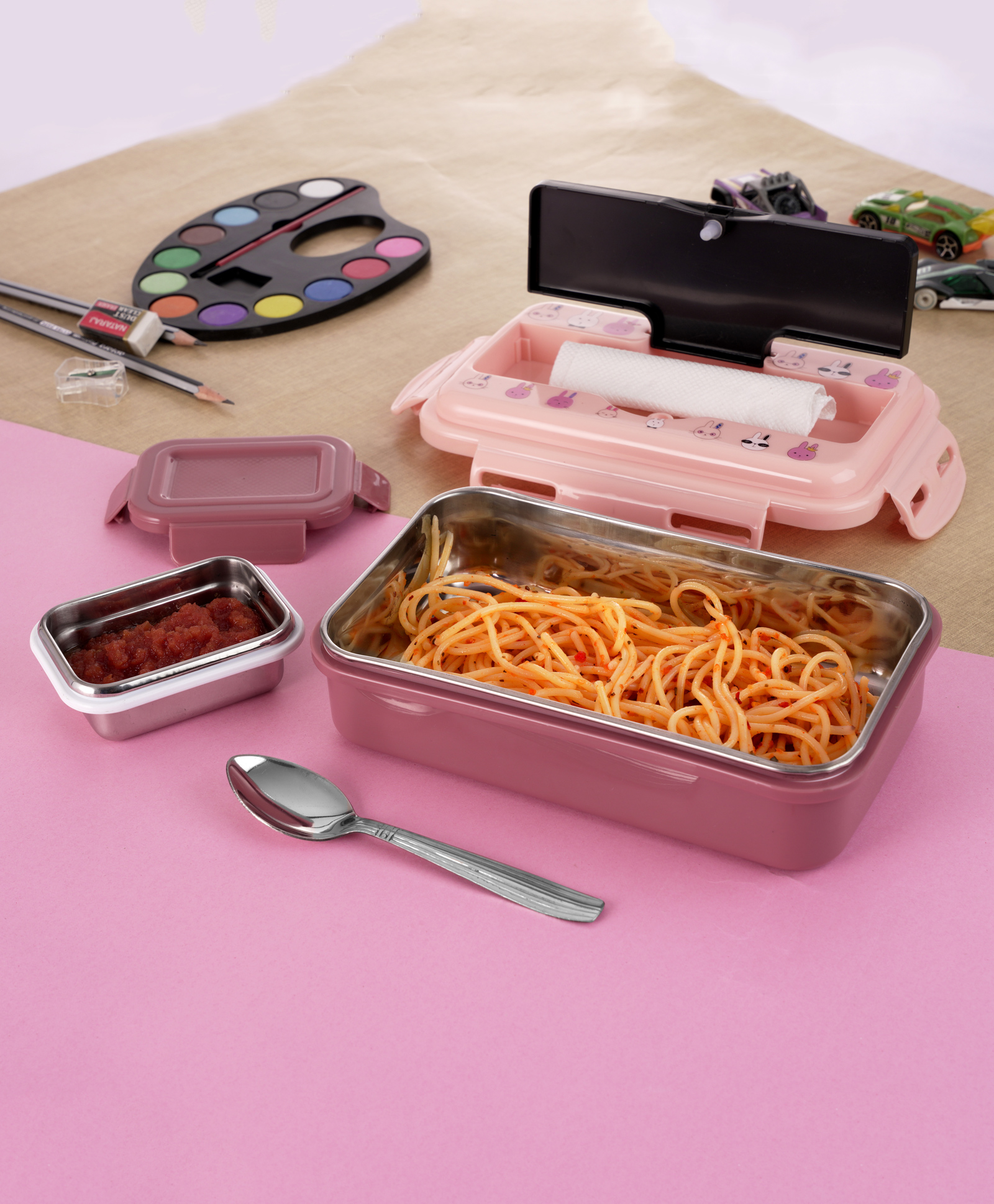 Nabhya Leak-Proof Inner Steel Outer Plastic Lunch Box With Small Katori & Spoon, 2 Containers Lunch Box (Pink)-picture-24