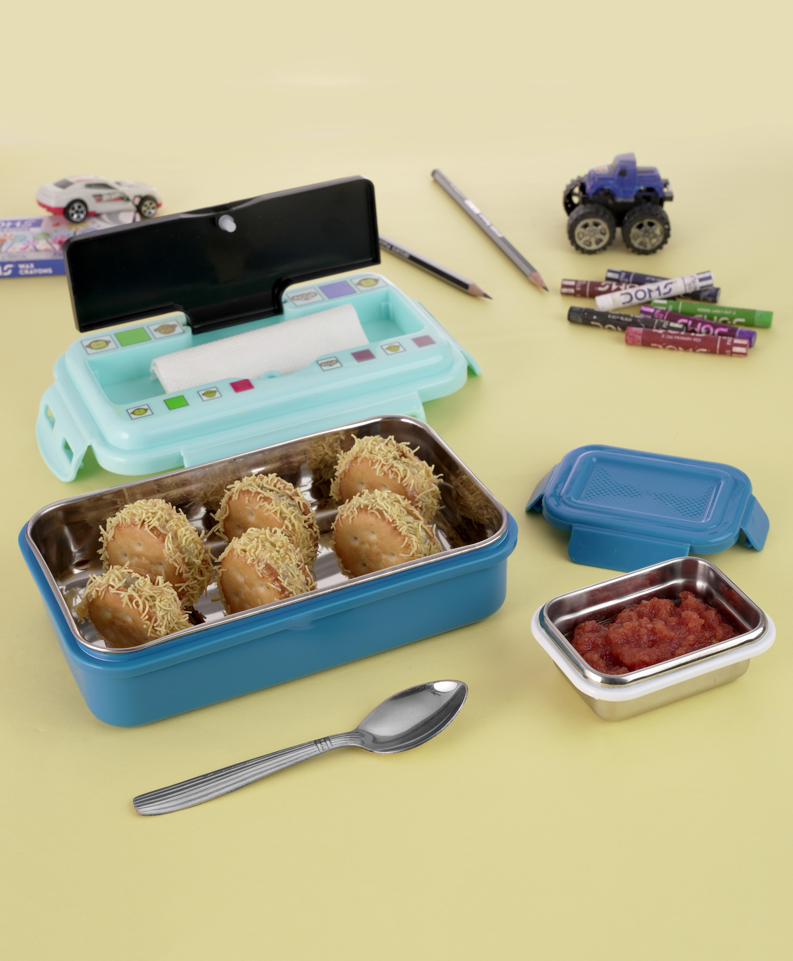 Nabhya Leak-Proof Inner Steel Outer Plastic Lunch Box With Small Katori & Spoon, 2 Containers Lunch Box (Blue)-image-7