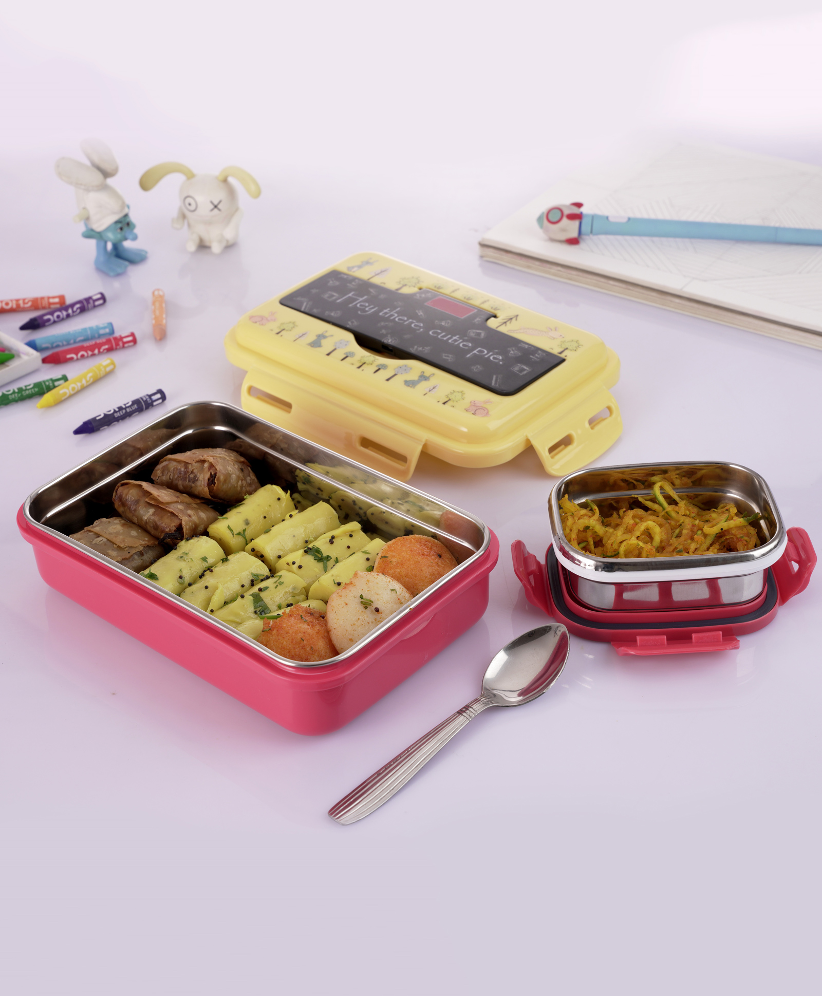 Nabhya Leak-Proof Inner Steel Outer Plastic Lunch Box With Small Katori & Spoon, 2 Containers Lunch Box (Yellow)-image-46