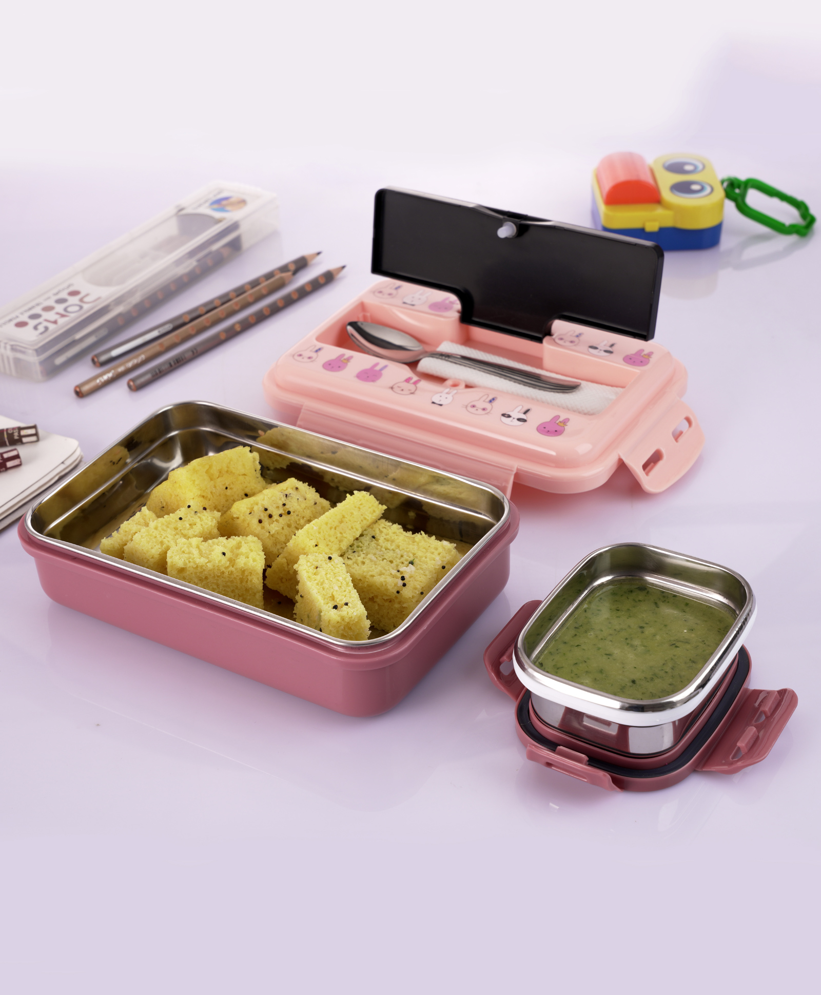 Nabhya Leak-Proof Inner Steel Outer Plastic Lunch Box With Small Katori & Spoon, 2 Containers Lunch Box (Pink)-picture-28