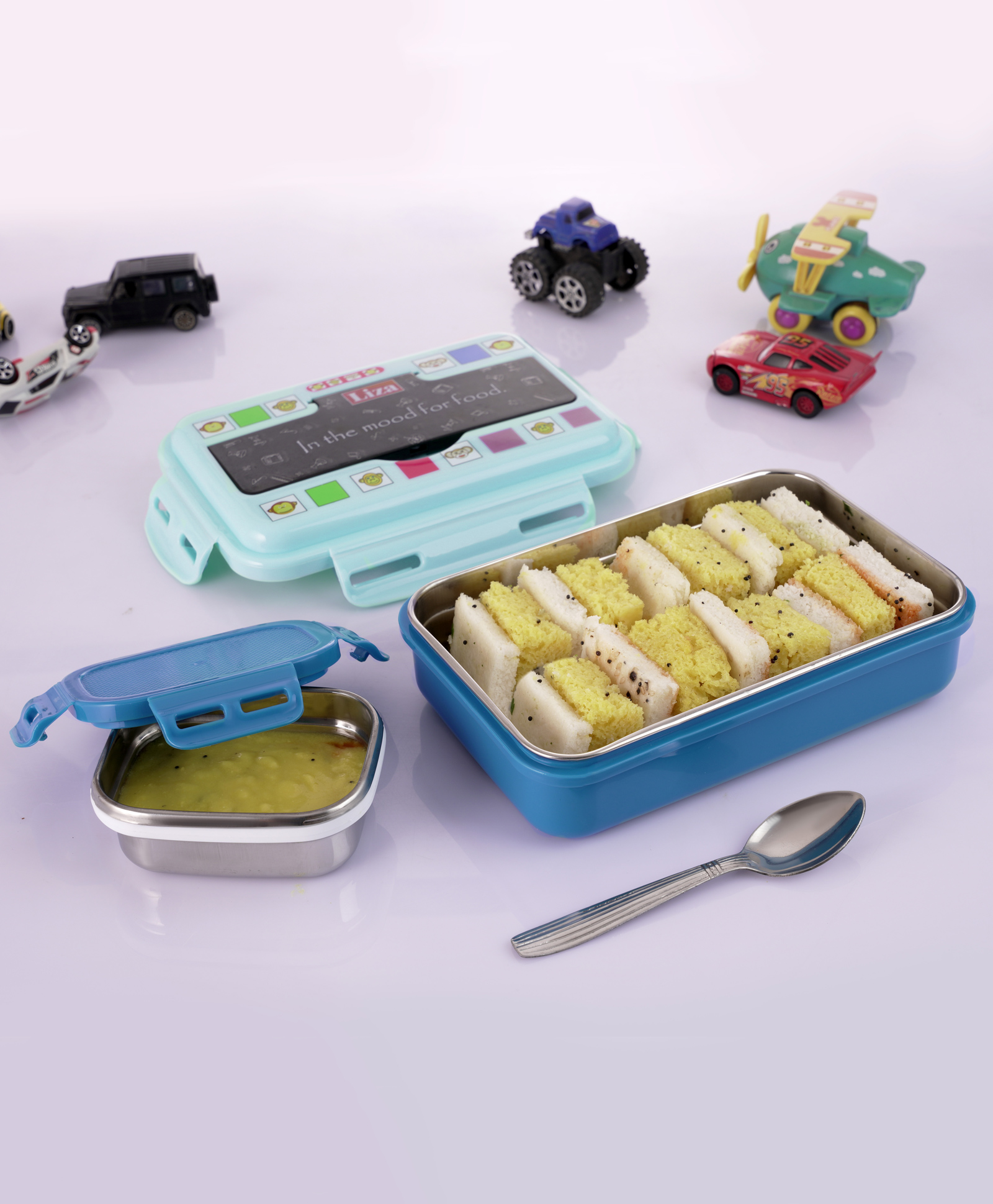 Nabhya Leak-Proof Inner Steel Outer Plastic Lunch Box With Small Katori & Spoon, 2 Containers Lunch Box (Blue)-image-6