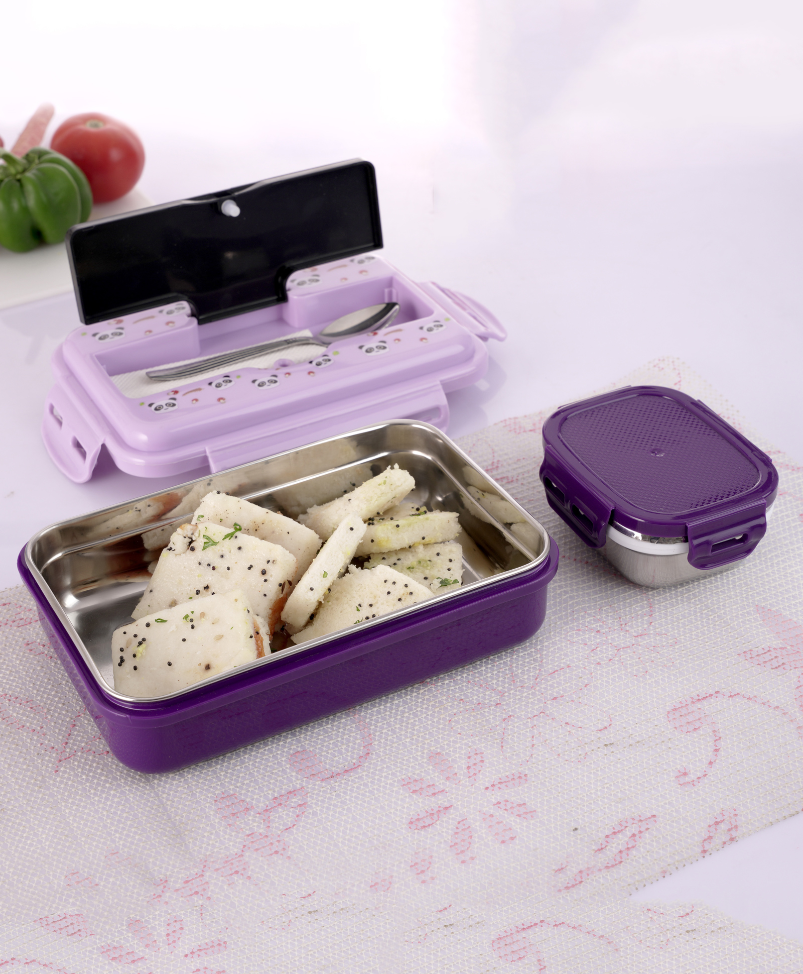 Nabhya Leak-Proof Inner Steel Outer Plastic Lunch Box With Small Katori & Spoon, 2 Containers Lunch Box (Purple)-picture-31