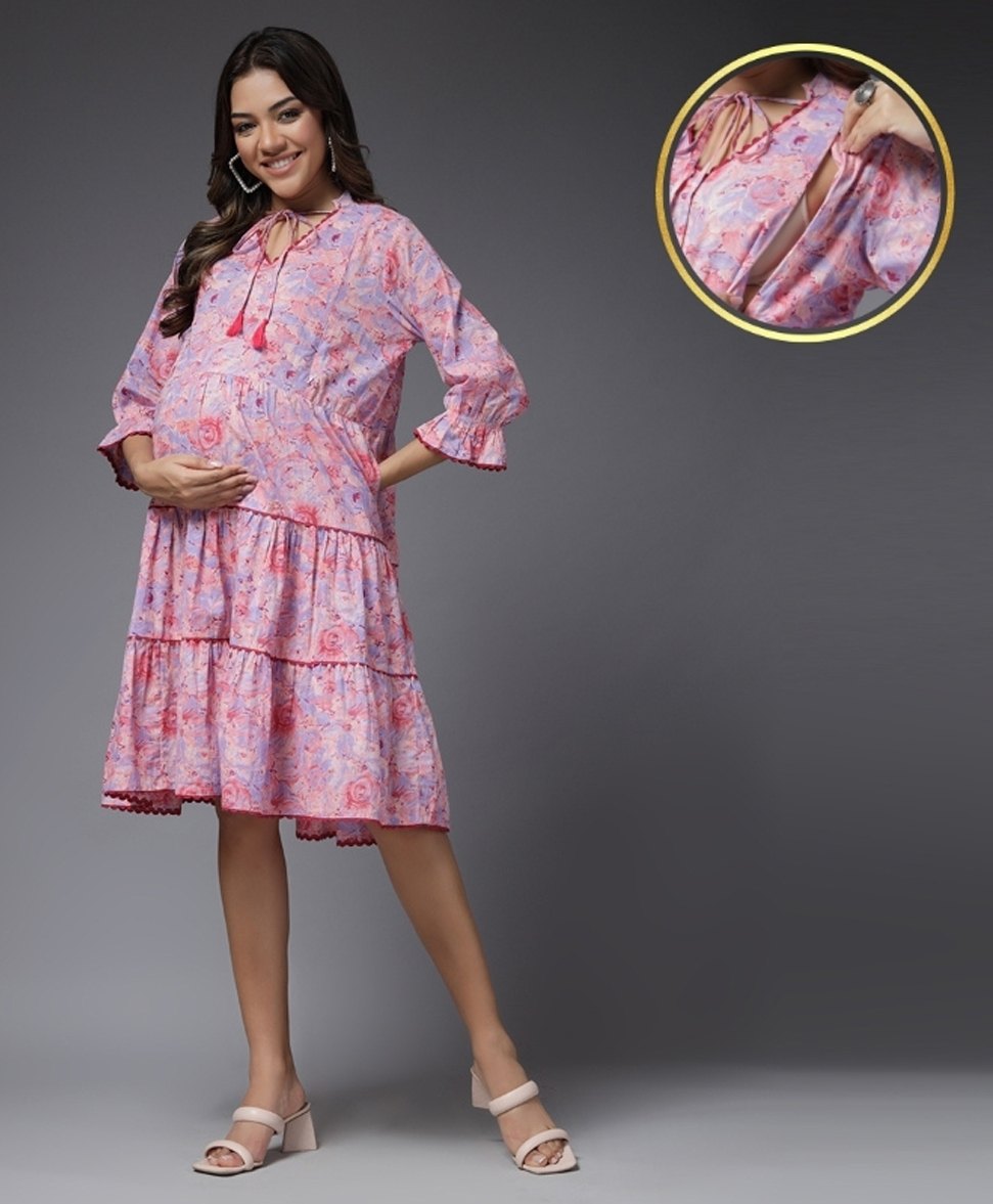 Zelena 100% Cotton Three Fourth Frilled Sleeves Floral Printed Maternity Dress With Concealed Zipper For Nursing Access - Light Pink-image-38