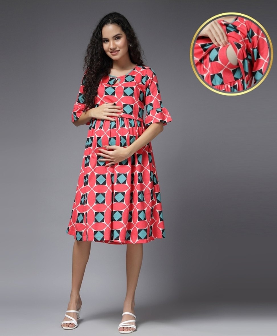 Zelena 100% Cotton Half Sleeves Geometric Printed Maternity Dress With Nursing Access - Red-image-29