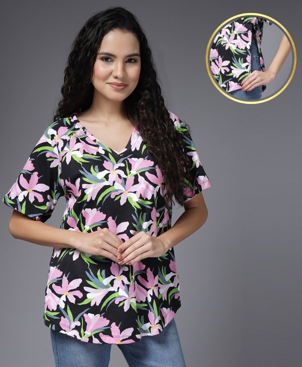 Zelena 100% Cotton Half Sleeves Floral Printed Top With Concealed Zipper For Nursing Access - Black-image-17