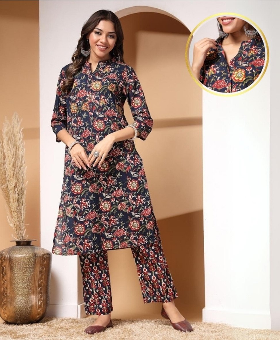 Zelena 100% Cotton Three Fourth Sleeves Floral Printed Top With Nursing Access & Pajama Set - Navy Blue-image-12