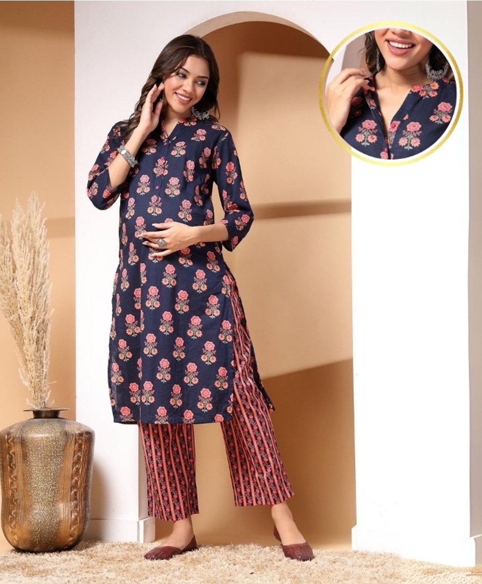 Zelena 100% Cotton Three Fourth Sleeves Floral Printed Top With Nursing Access & Pajama Set - Dark Navy Blue-image-13