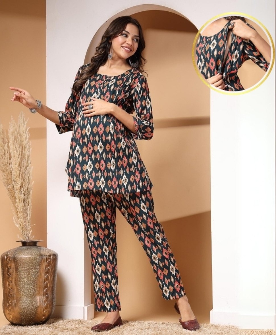 Zelena 100% Rayon Three Fourth Sleeves Geometric Printed Top With Concealed Zipper For Nursing Access & Pajama Set - Teal Blue-image-5