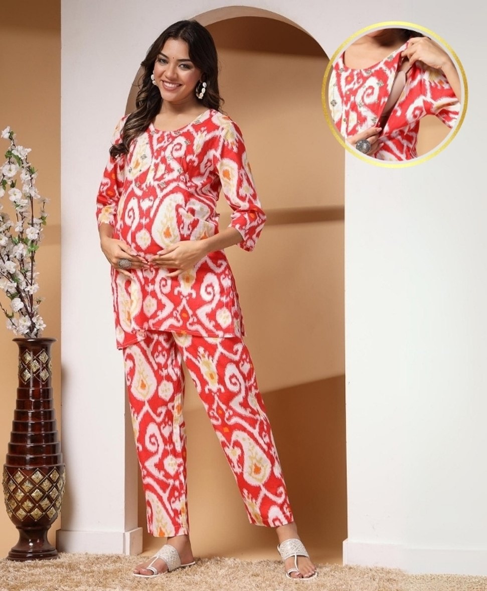 Zelena 100% Cotton Three Fourth Sleeves Abstract Printed Top With Concealed Zipper For Nursing Access & Pajama Set - Red-image-26