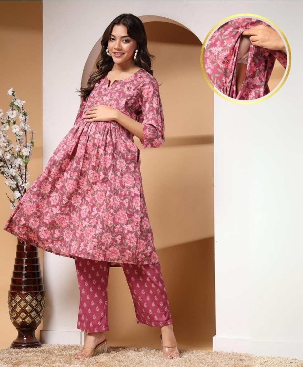 Zelena 100% Cotton Three Fourth Sleeves Floral Printed Kurta With Concealed Zipper For Nursing Access & Pant Set - Dusty Pink-picture-42