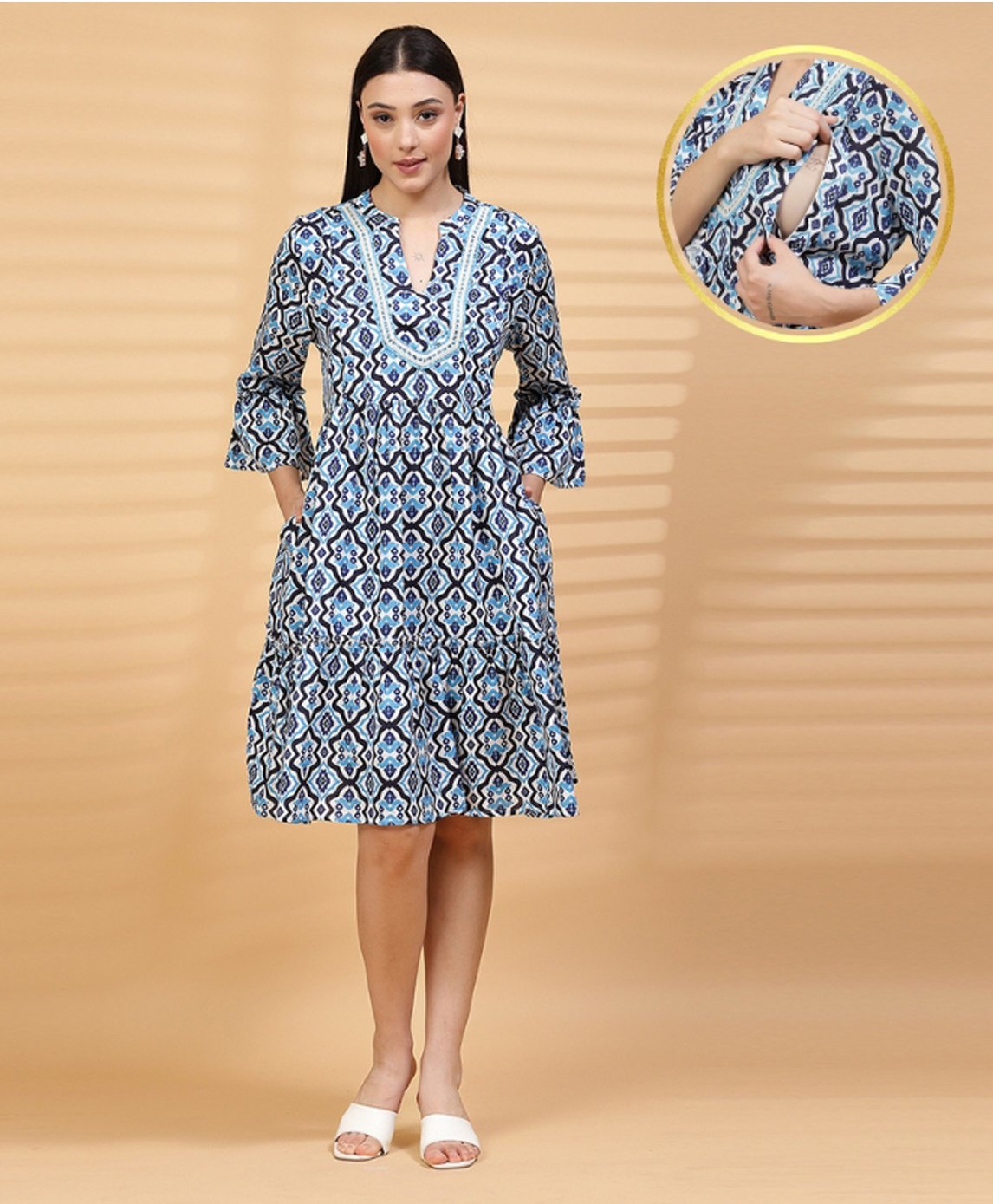 Zelena 100% Rayon Three Fourth Sleeves Geometric Maternity Dress With Concealed Zipper Nurisng Access & Pockets - Blue-picture-12