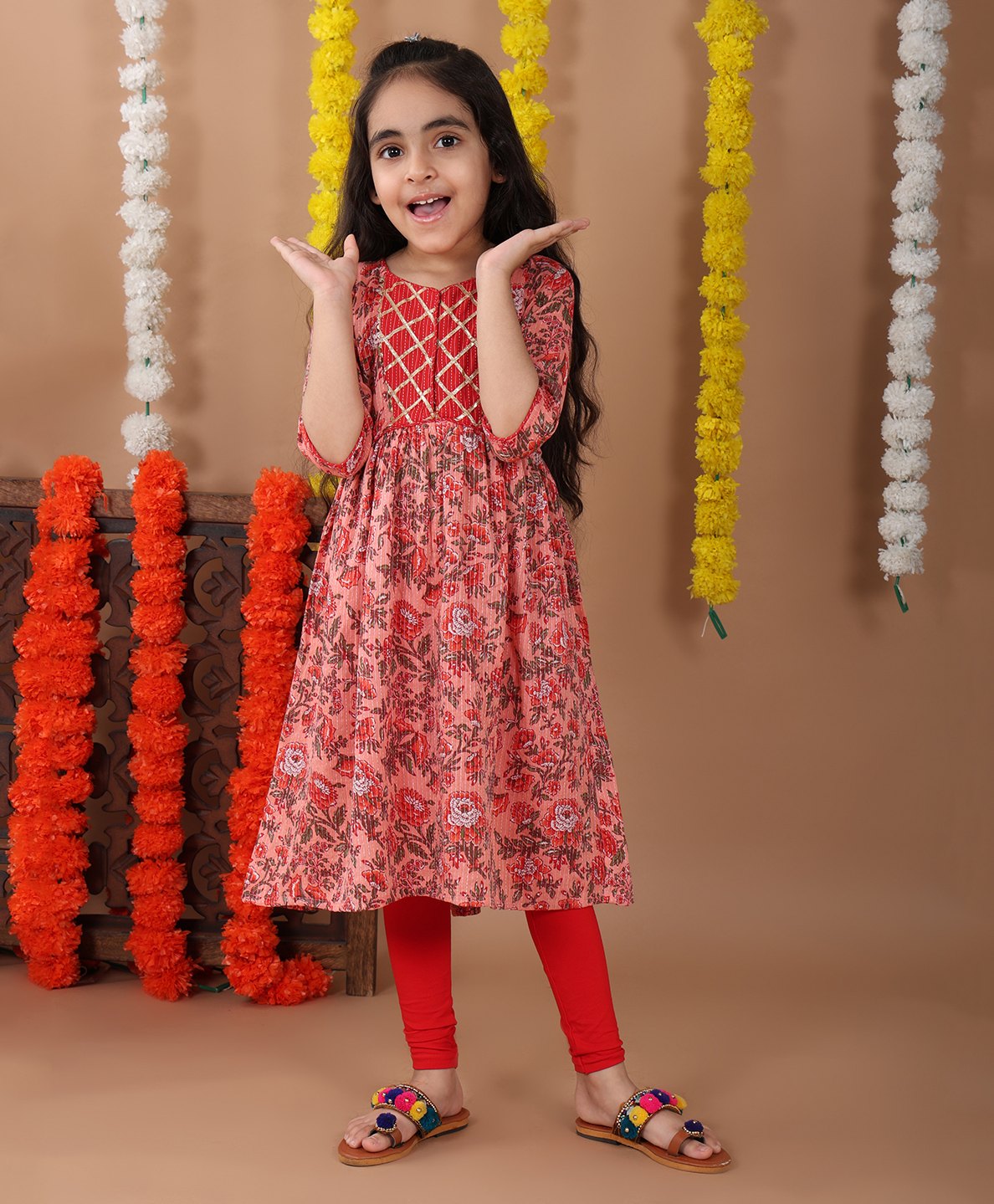 Kinder Kids Cotton Three Fourth Sleeves Floral Printed & Lace Embellished Kurta With Leggings - Peach & Red-image-48