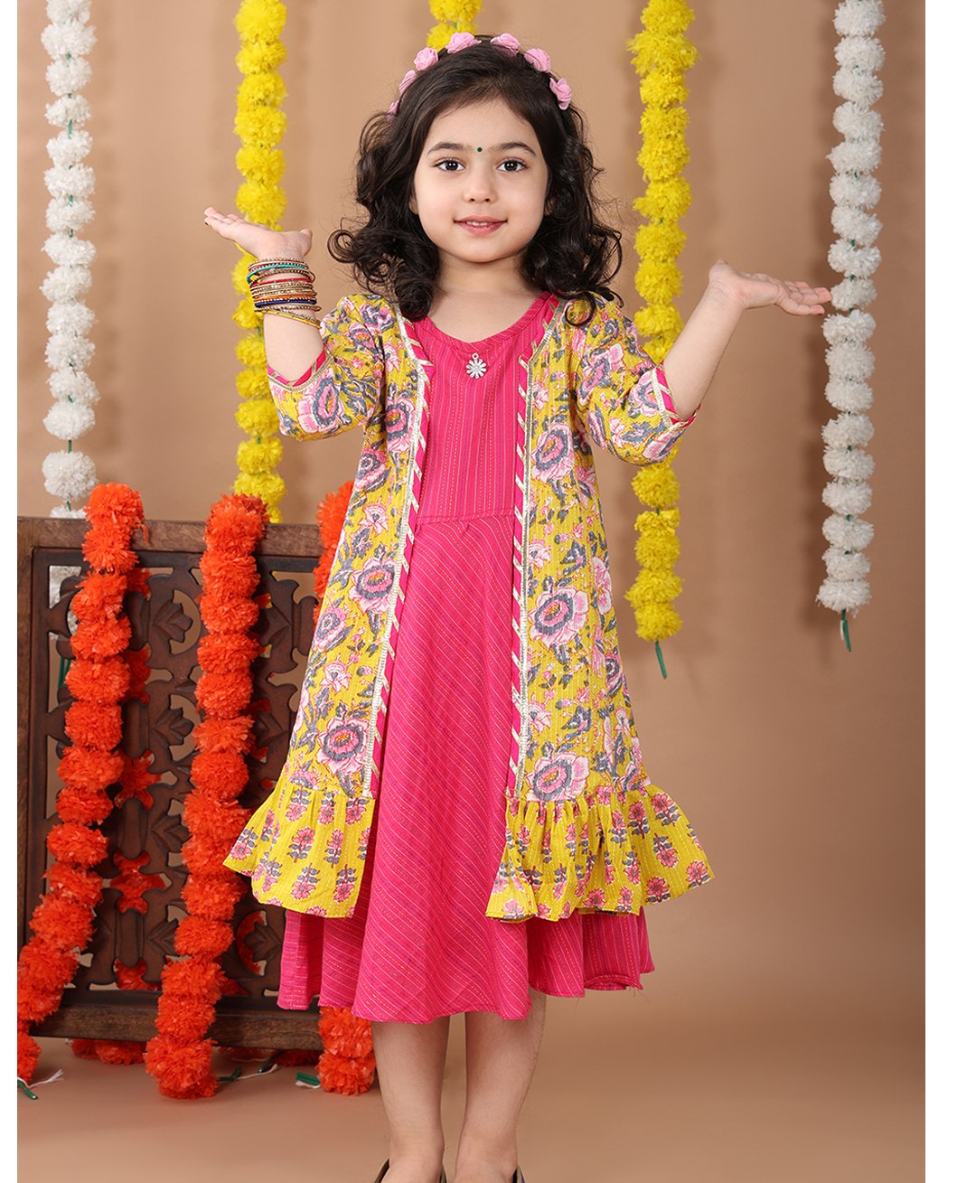 Kinder Kids Cotton Three Fourth Sleeves Floral Printed & Gota Lace Embellished Jacket With Dress - Pink & Yellow-image-22