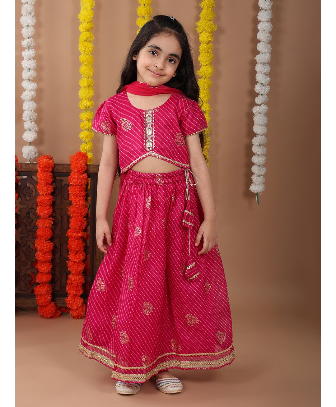 Kinder Kids Sleeveless Floral Embroidered & Sequins Embellished Coordinating Lehenga & Choli With Dupatta Set - Pink-image-17