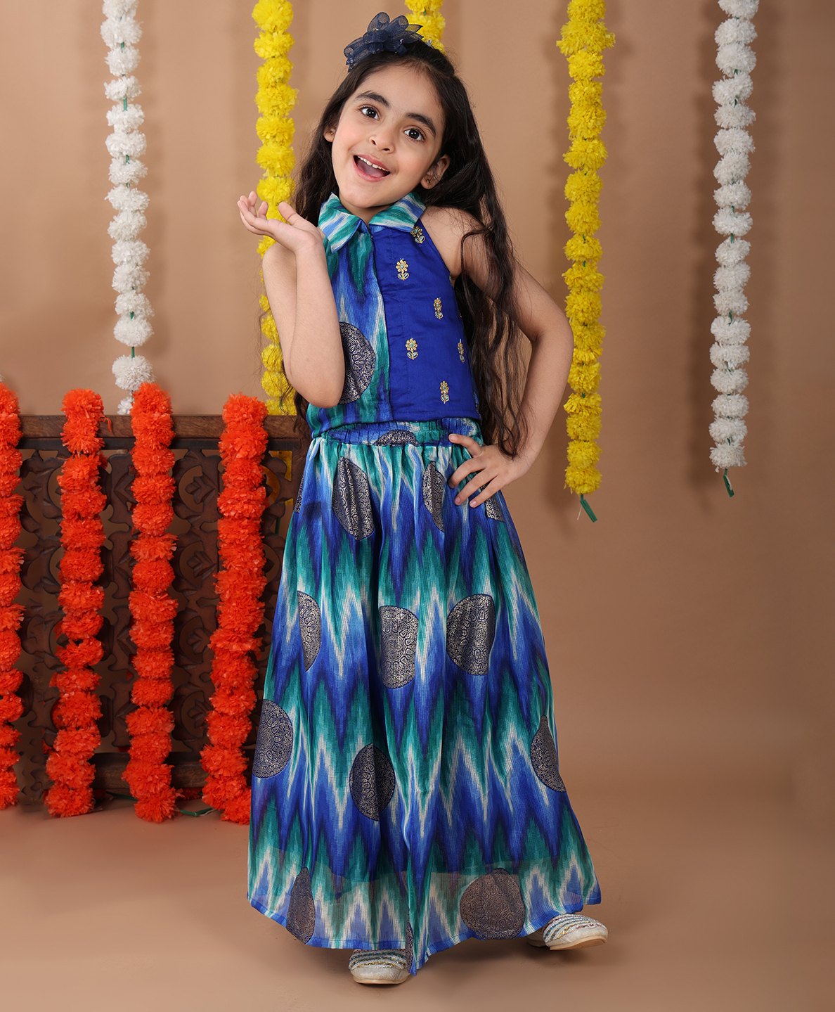 Kinder Kids Cotton Sleeveless Floral Embroidered & Abstract Printed Top & Lehenga Set - Blue-image-45