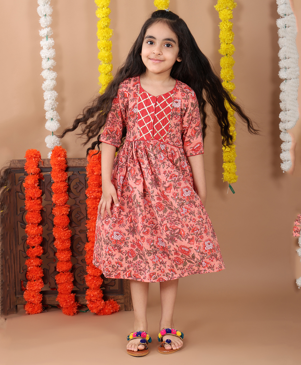 Kinder Kids Cotton Three Fourth Sleeves Floral Printed & Gota Lace Embellished Dress - Peach-image-44