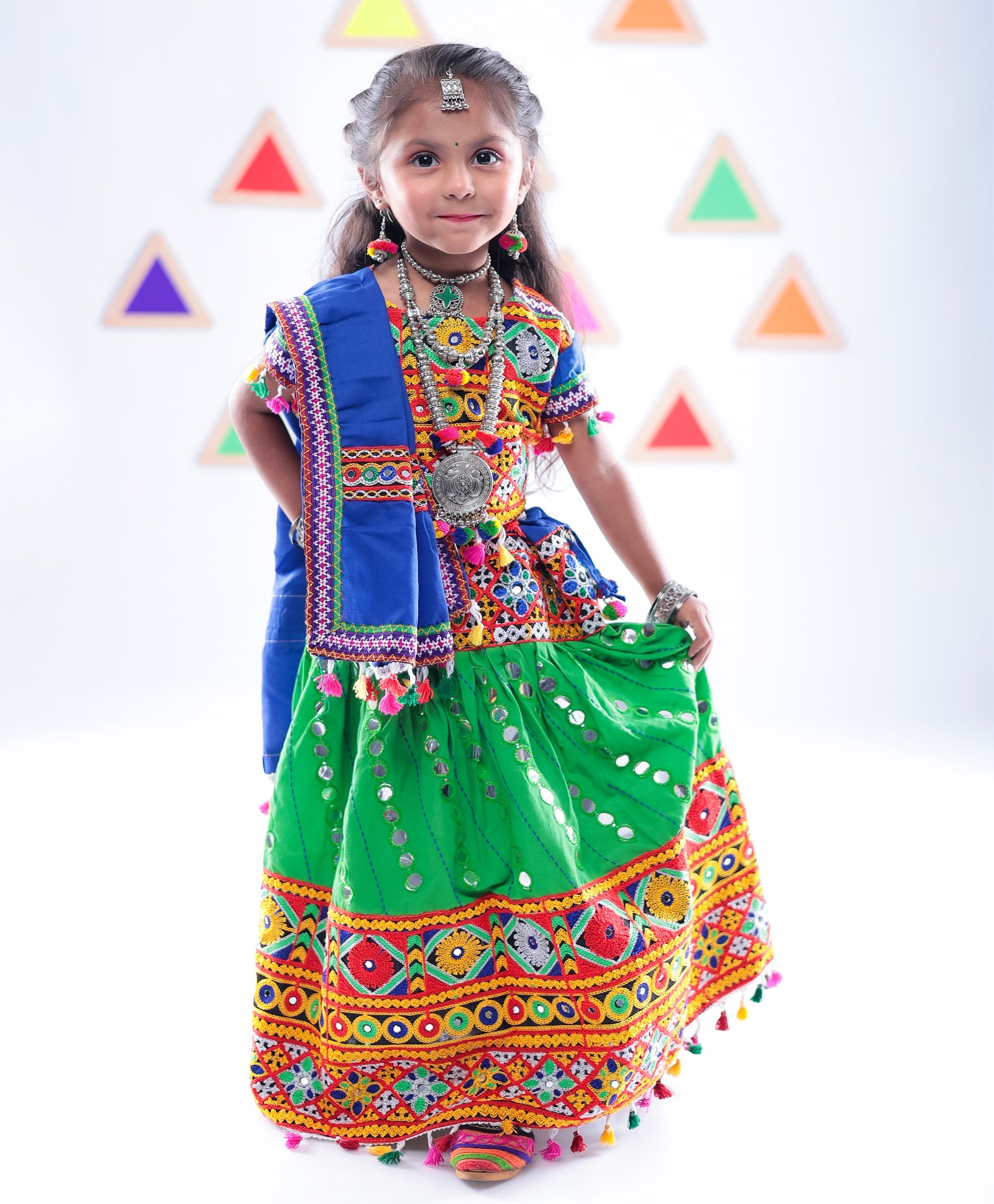 Banjara India Cotton Half Sleeves Navratri Theme Kutch Work Embroidered Lehenga Choli Set With Dupatta - Green-image-28